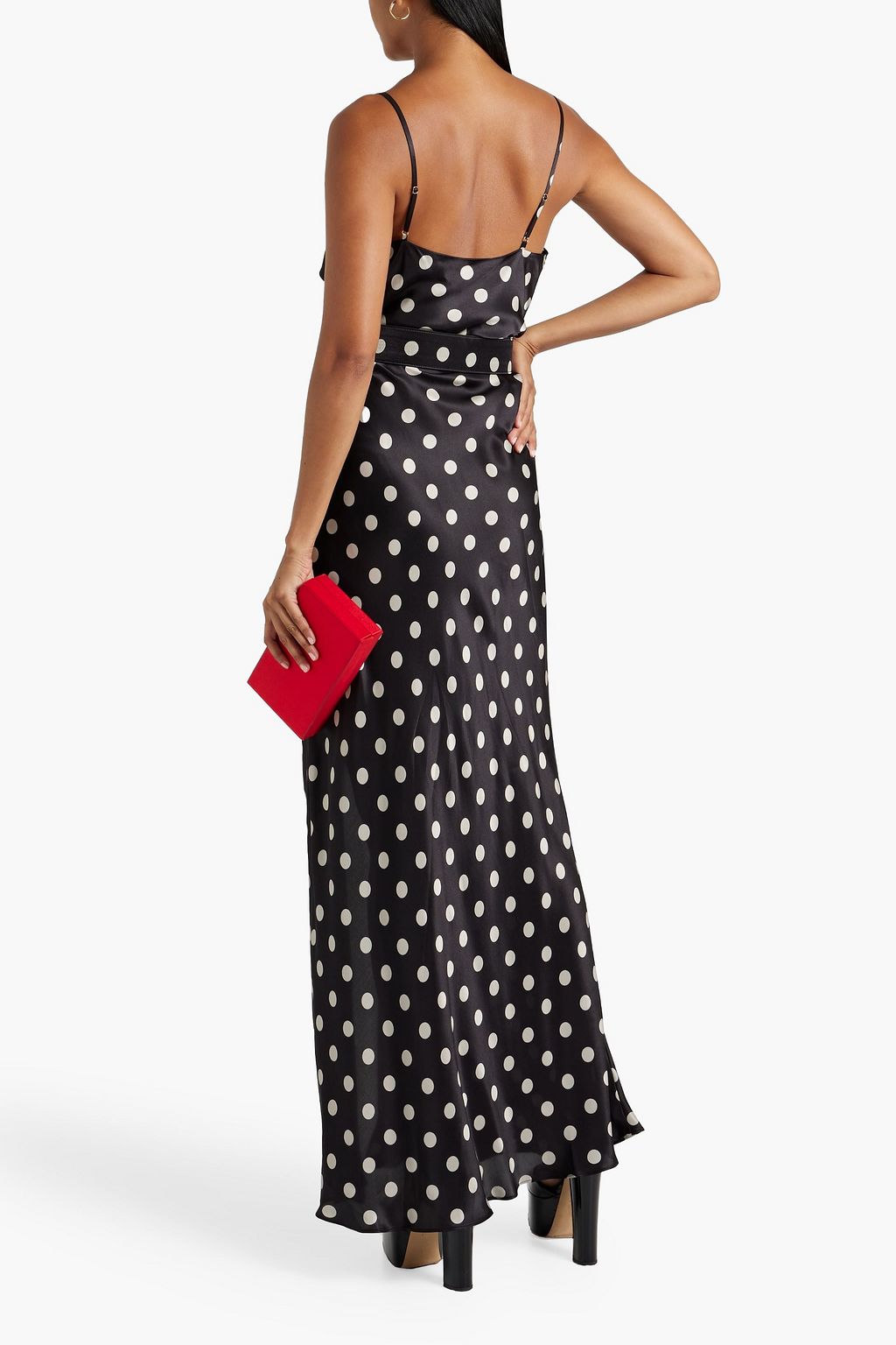 NICHOLAS Draped belted polka-dot satin maxi gown