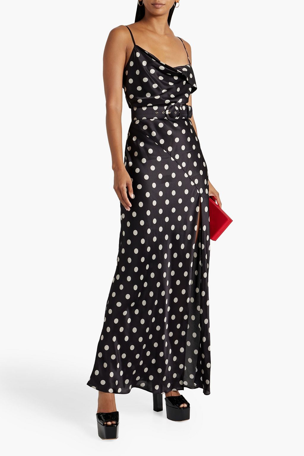 NICHOLAS Draped belted polka-dot satin maxi gown