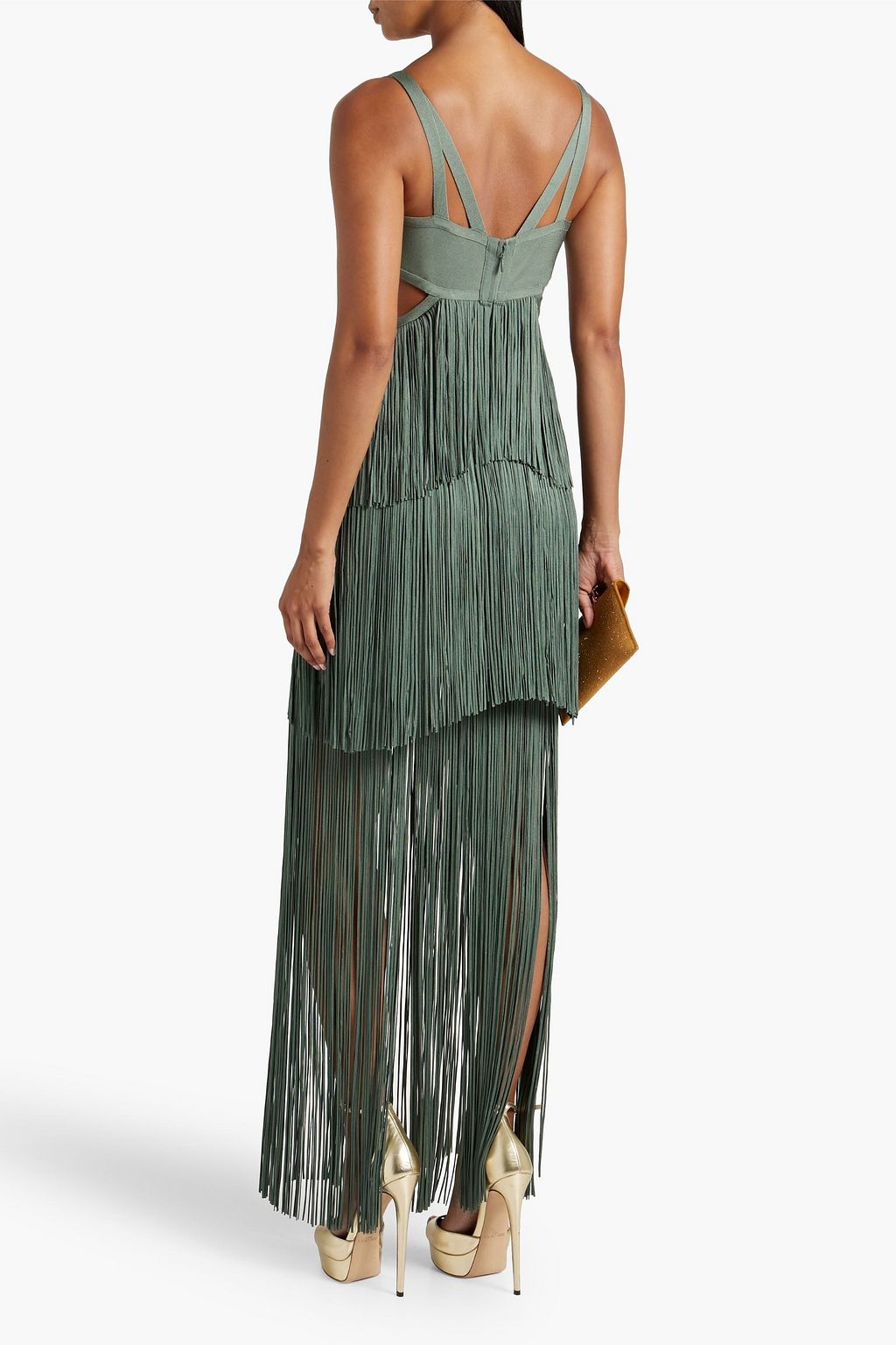 HERVÉ LÉGER Cutout fringed bandage maxi dress