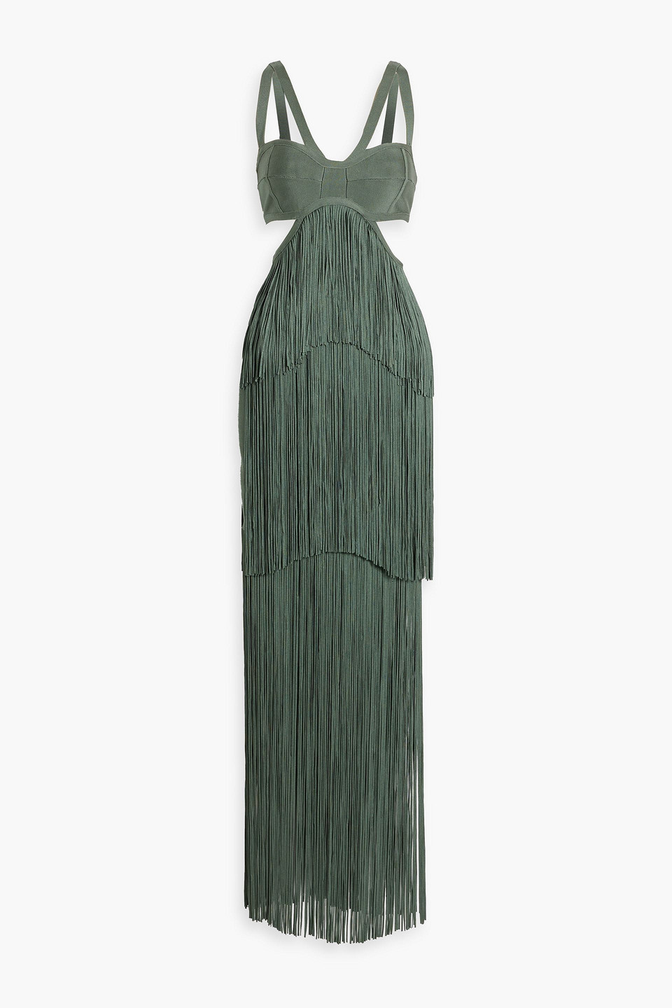 Herve Leger Cutout Fringed Bandage Maxi Dress In Army Green