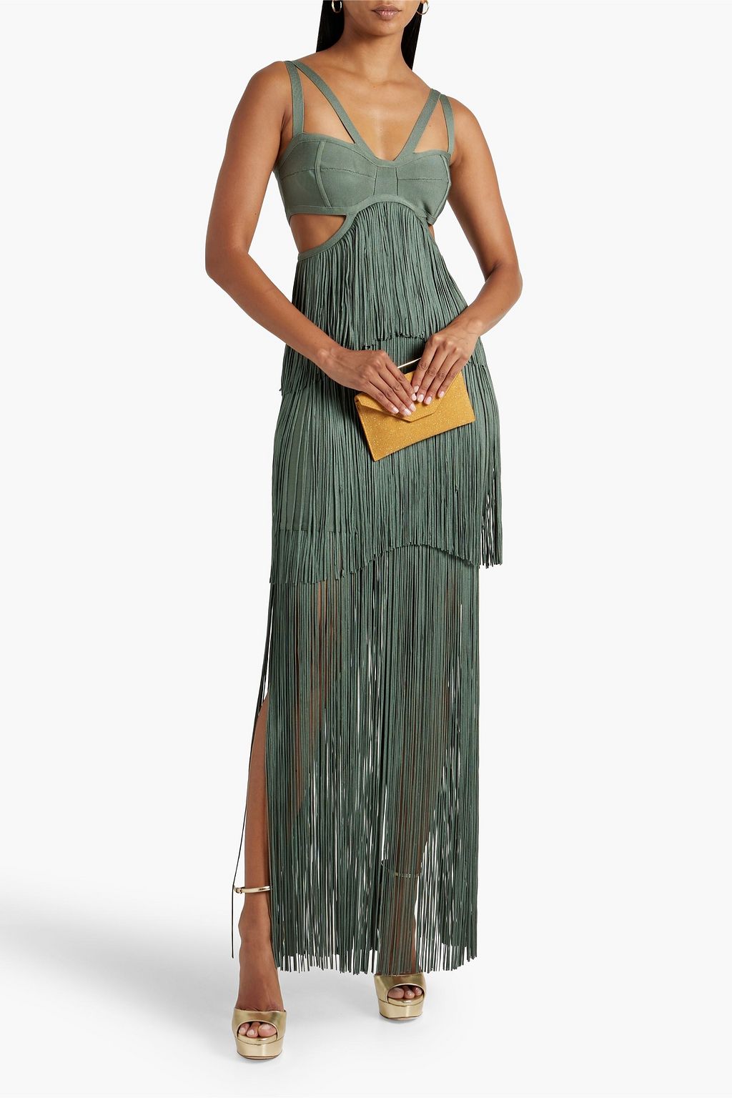 HERVÉ LÉGER Cutout fringed bandage maxi dress
