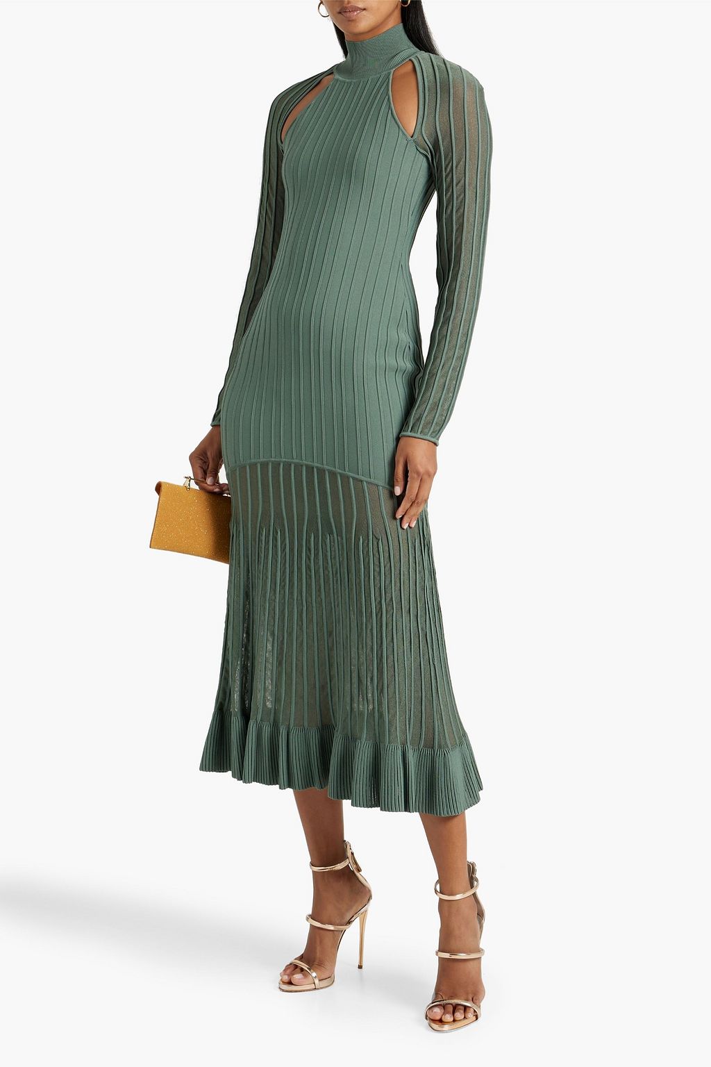 HERVÉ LÉGER Mesh-paneled ribbed-knit turtleneck midi dress