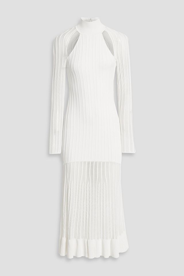Cutout mesh-paneled bandage midi dress