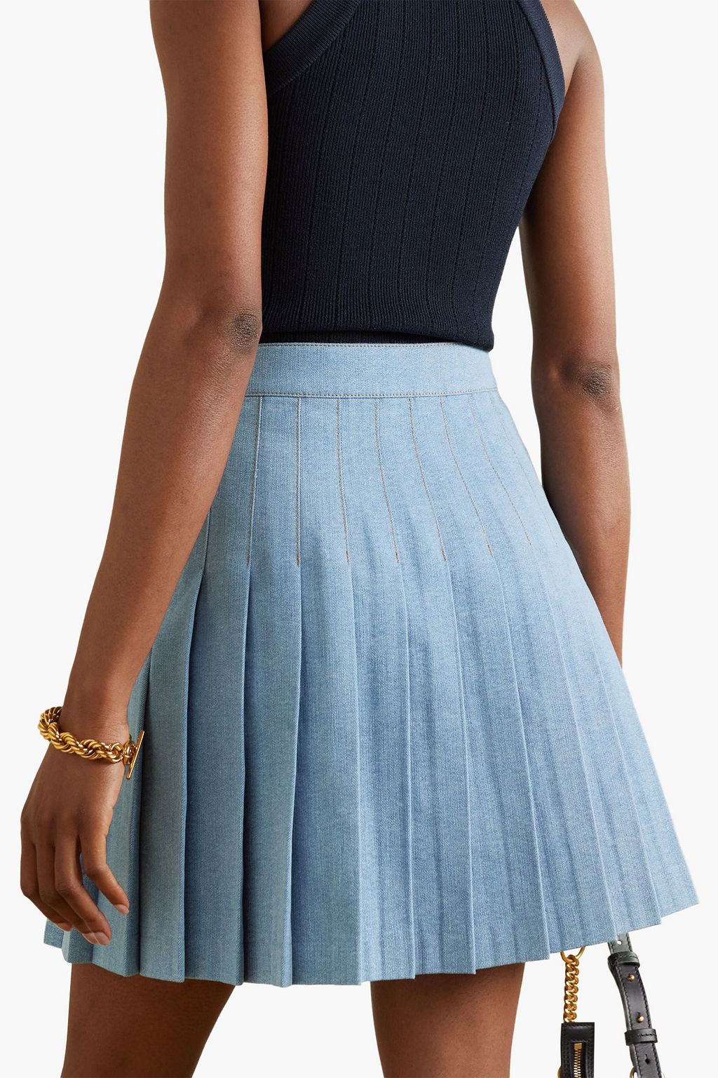 BALMAIN Button-embellished pleated denim mini skirt