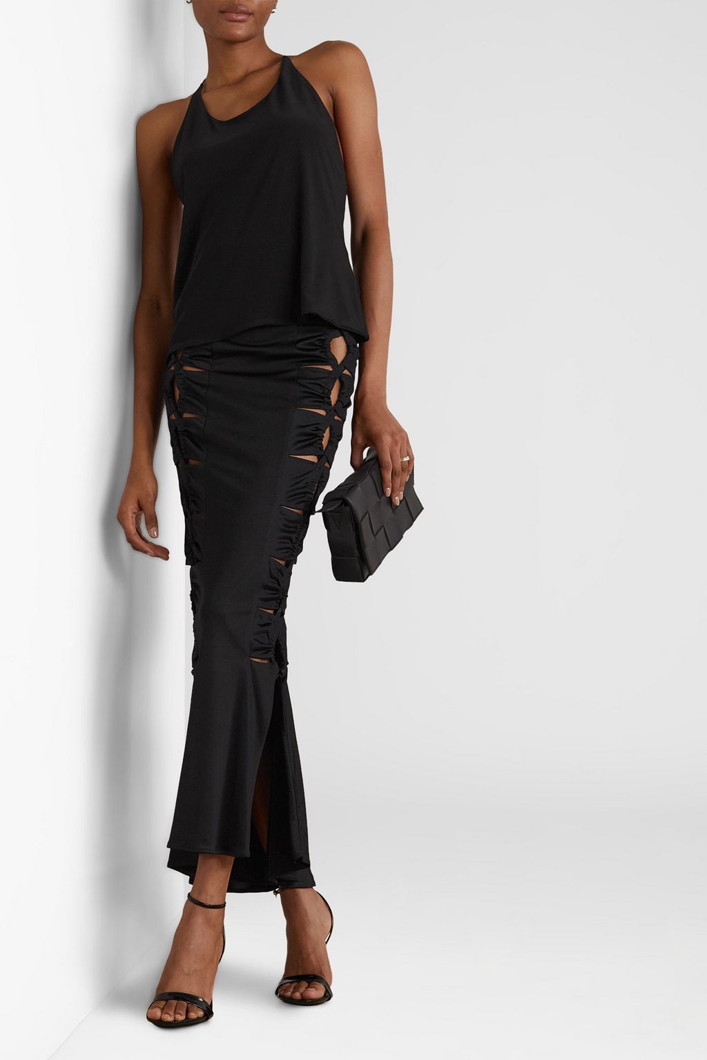 GALVAN  LONDON Vertebrae ruched cutout satin-jersey maxi skirt