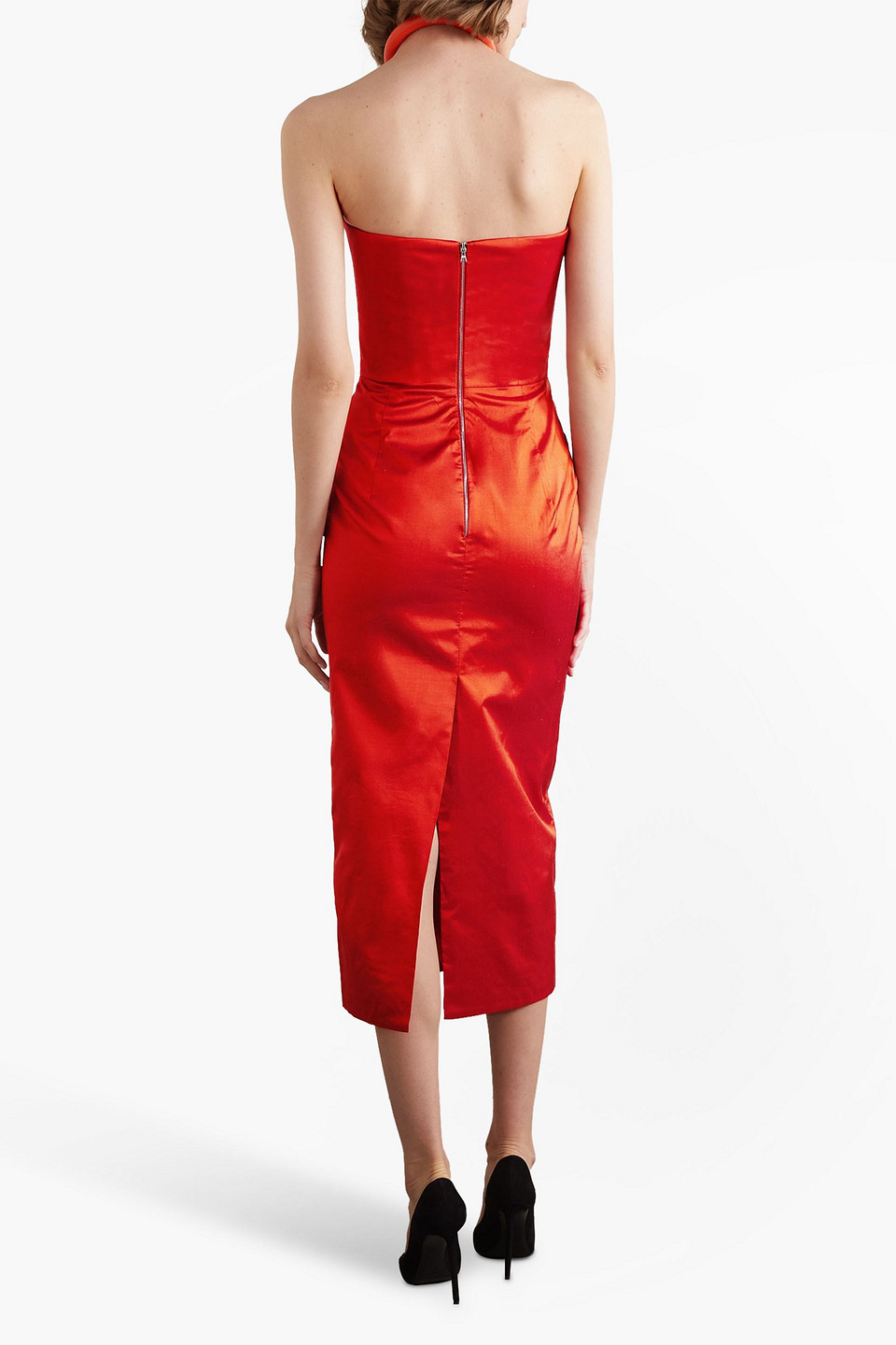 Shop Rasario Lady Strapless Silk-dupioni Midi Dress In Tomato Red