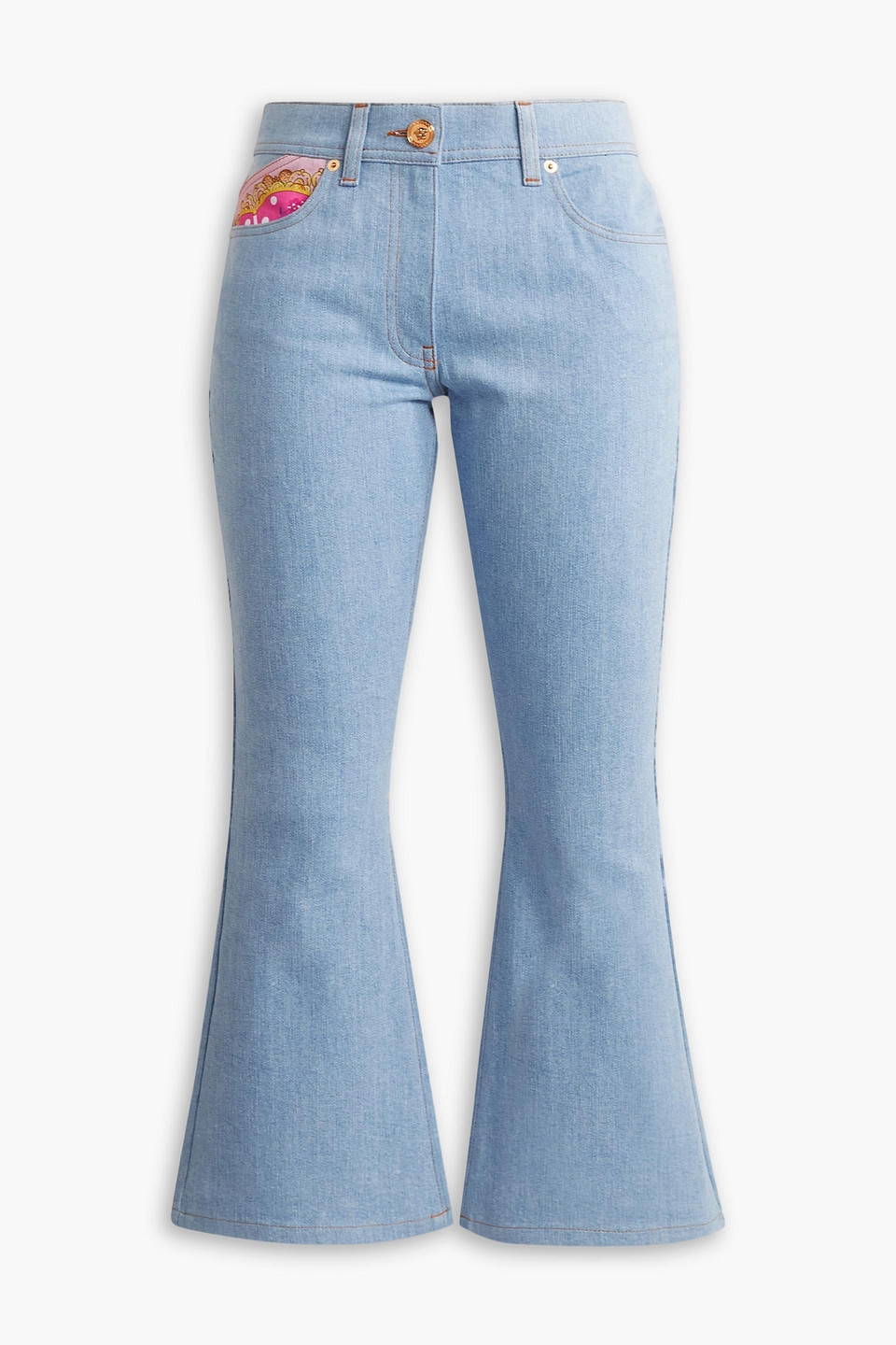 Versace Cropped Printed Twill-paneled Mid-rise Flared Jeans In Light Denim