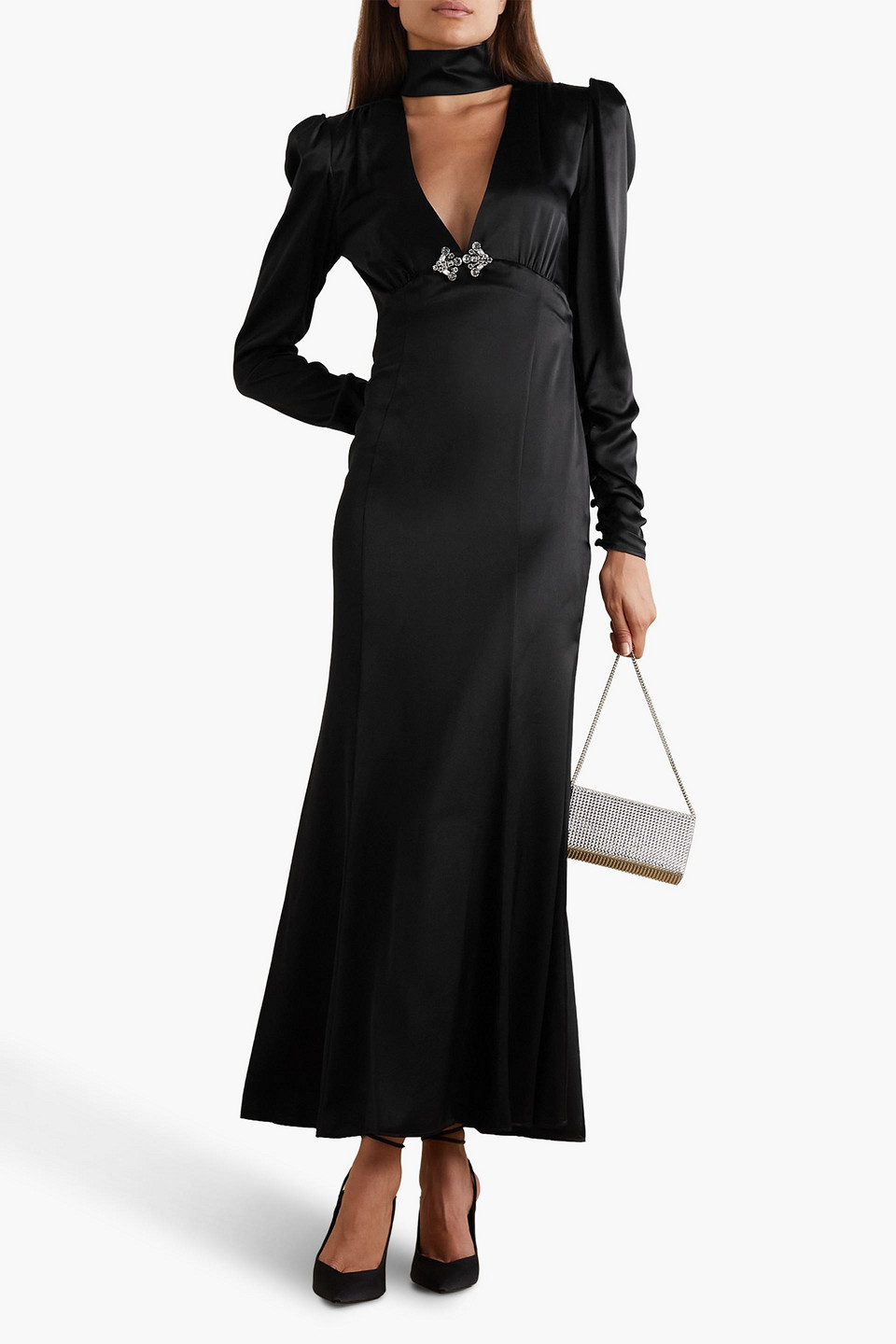 alessandra rich crystal embellished silk dress Alessandra Rich Crystal-embellished cutout silk-satin maxi dress