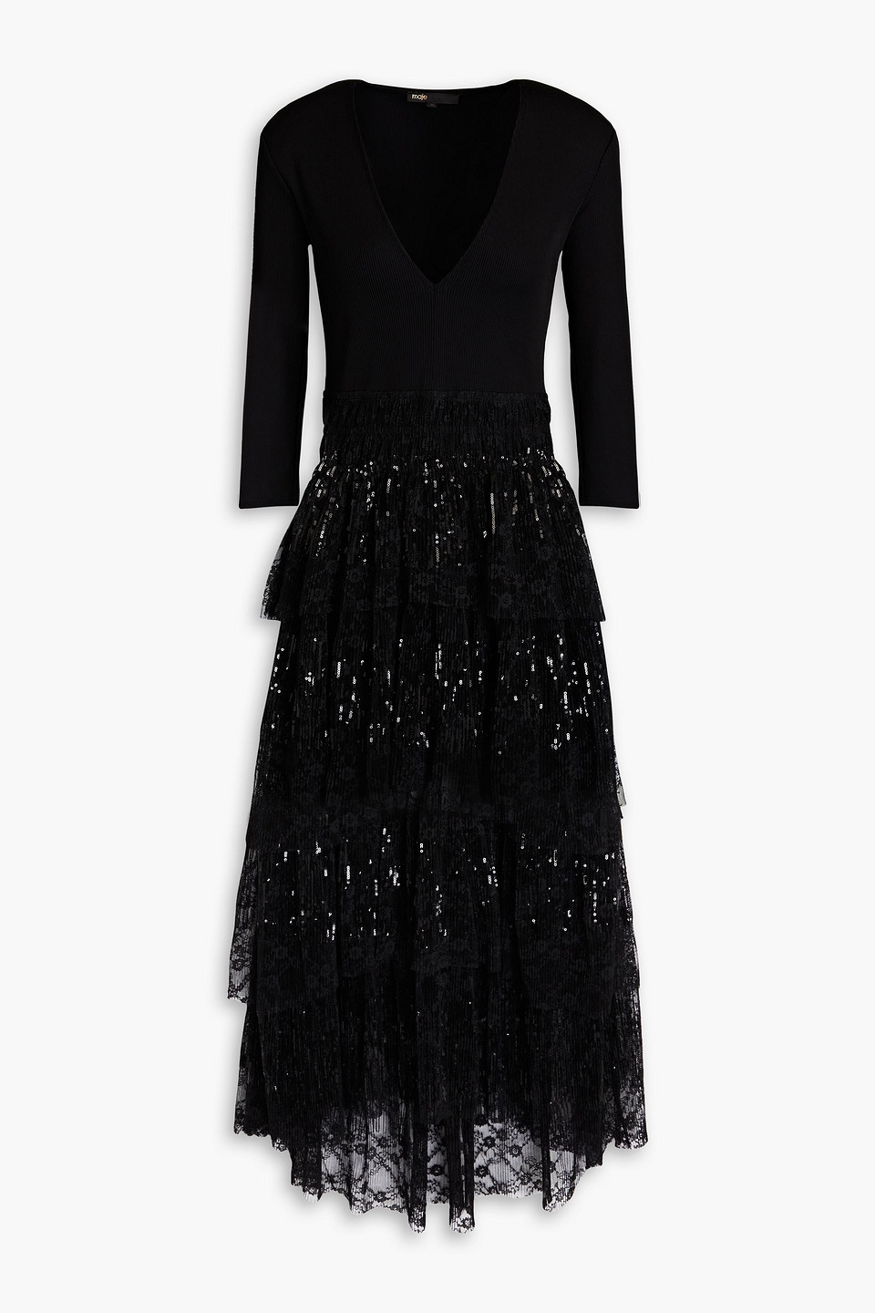 Maje Embellished Lace-paneled Ribbed-knit Midi Dress In Black | ModeSens Maje Embellished Lace-paneled Ribbed-knit Midi Dress In Black | ModeSens