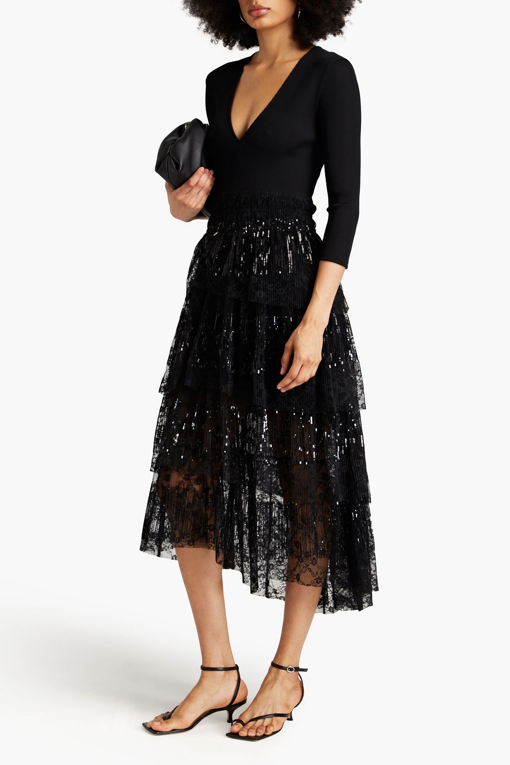 MAJE Gestuftes Midikleid aus Spitze und Rippstrick mit Verzierung