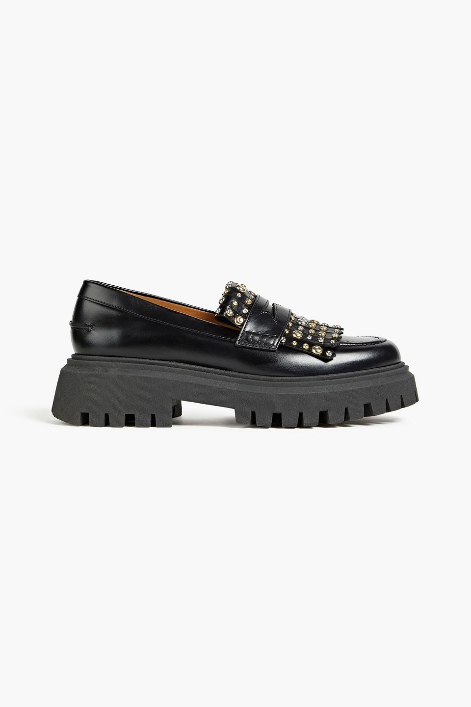 Maje Fringed Studded Leather Platform Loafers In Black