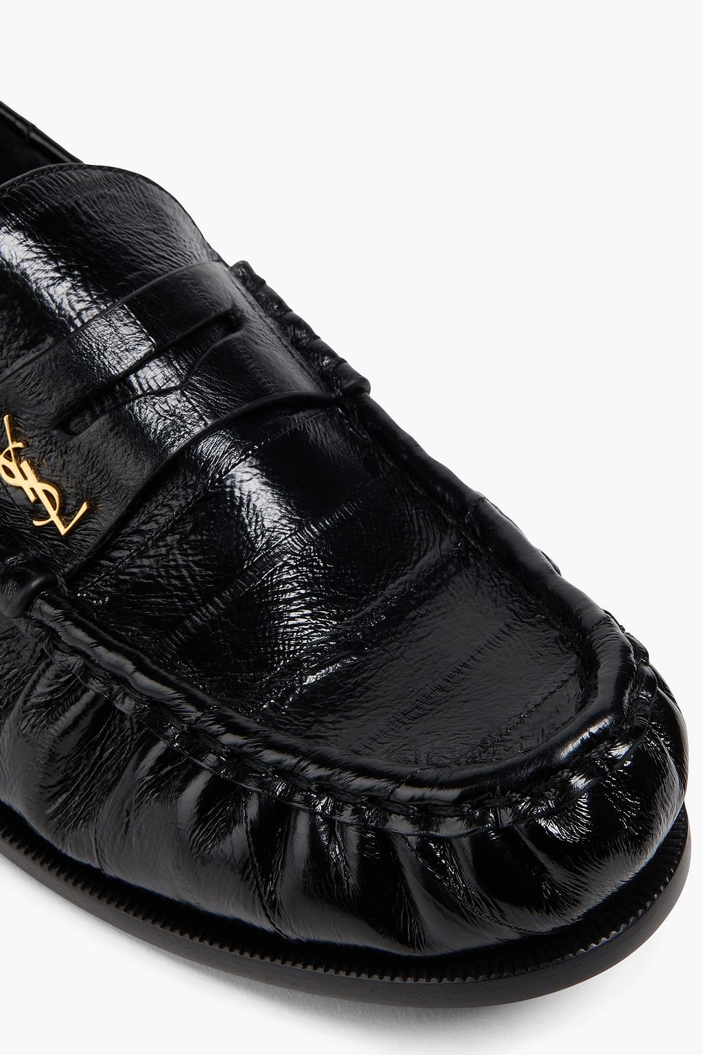 SAINT LAURENT Logo-embellished glossed textured-leather penny loafers