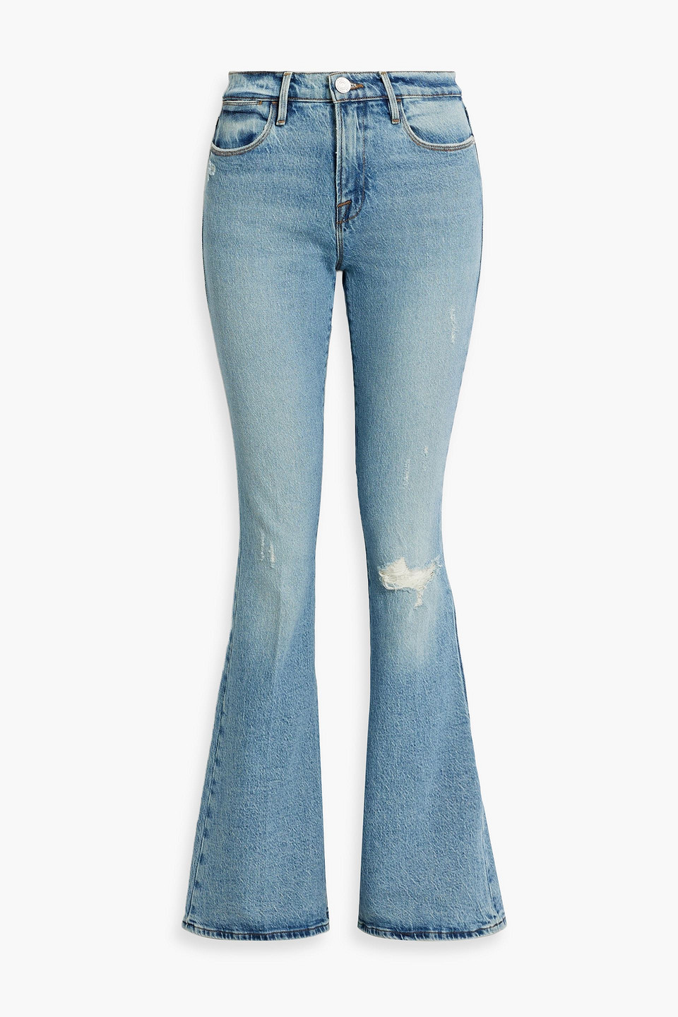 Shop Frame Le High Flare Distressed High-rise Flared Jeans In Light Denim