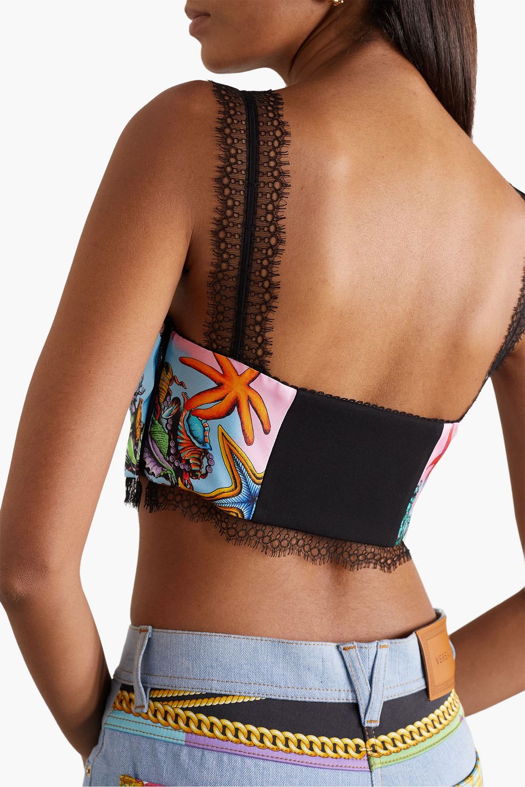 VERSACE Cropped Bustier aus Seidensatin und Spitze mit Print