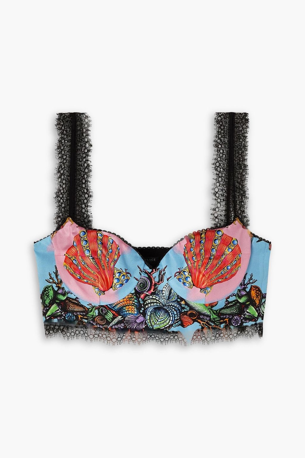 VERSACE Cropped printed silk-satin and lace bra top