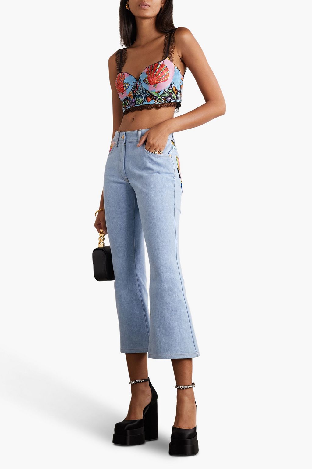 VERSACE Cropped Bustier aus Seidensatin und Spitze mit Print