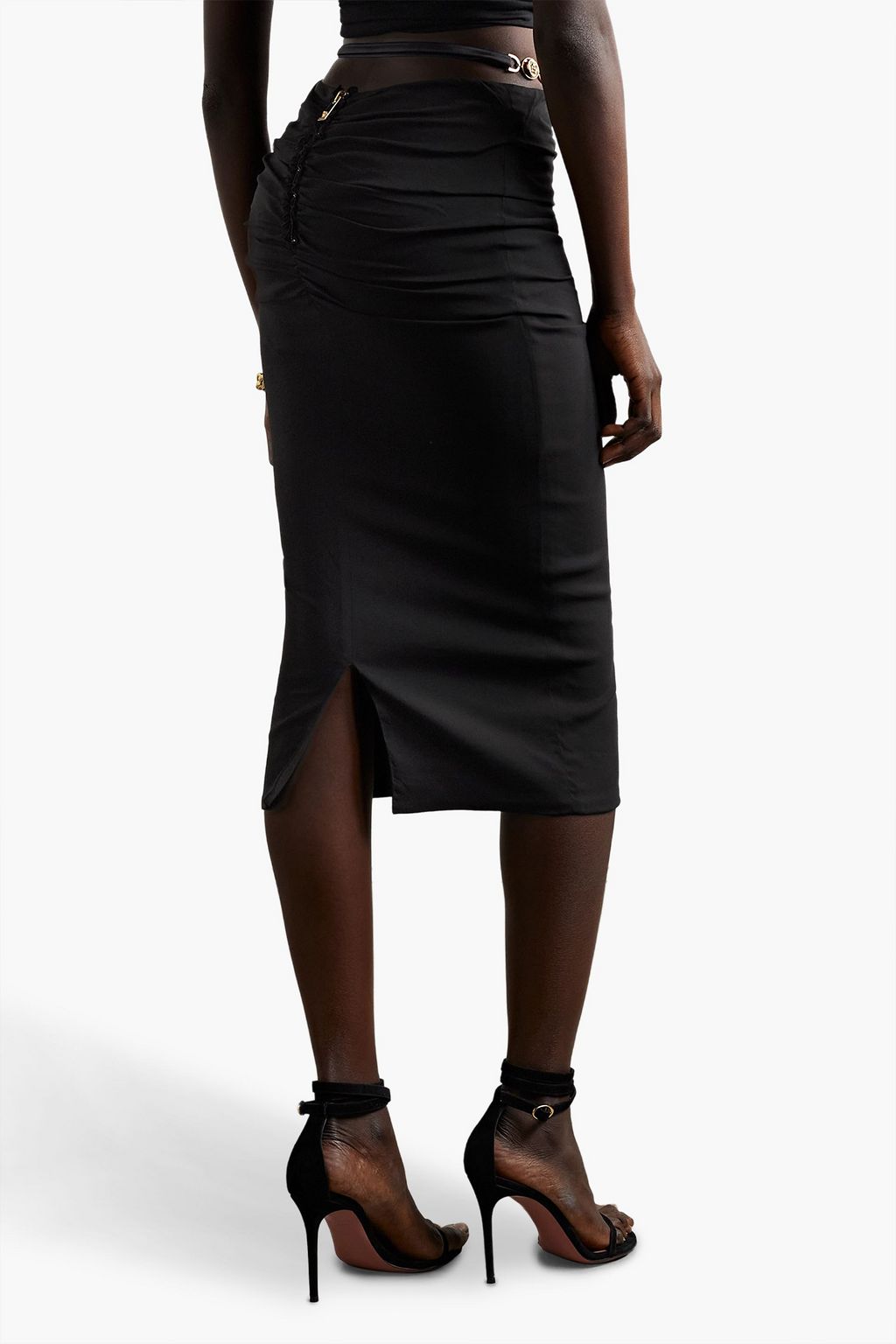 VERSACE Embellished ruched crepe midi skirt