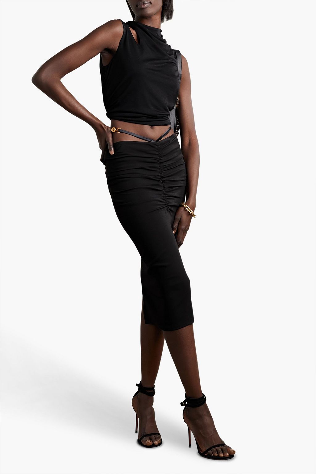 VERSACE Embellished ruched crepe midi skirt