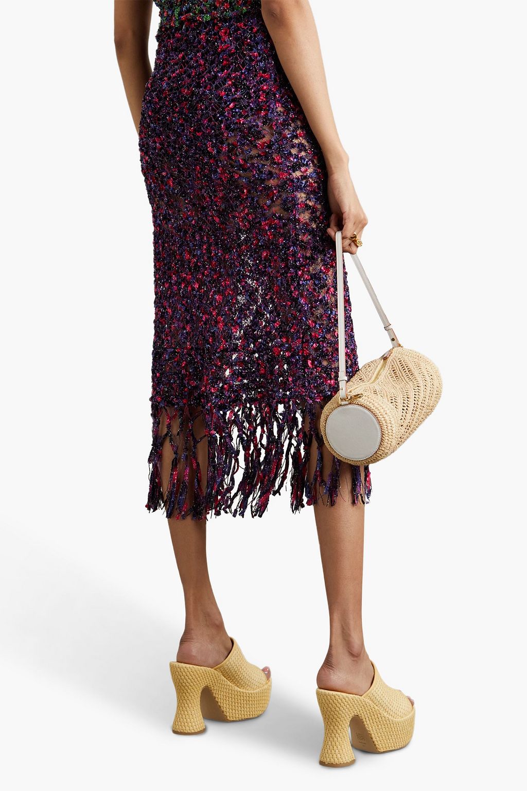LOEWE PAULA'S IBIZA Fringed metallic open-knit midi skirt