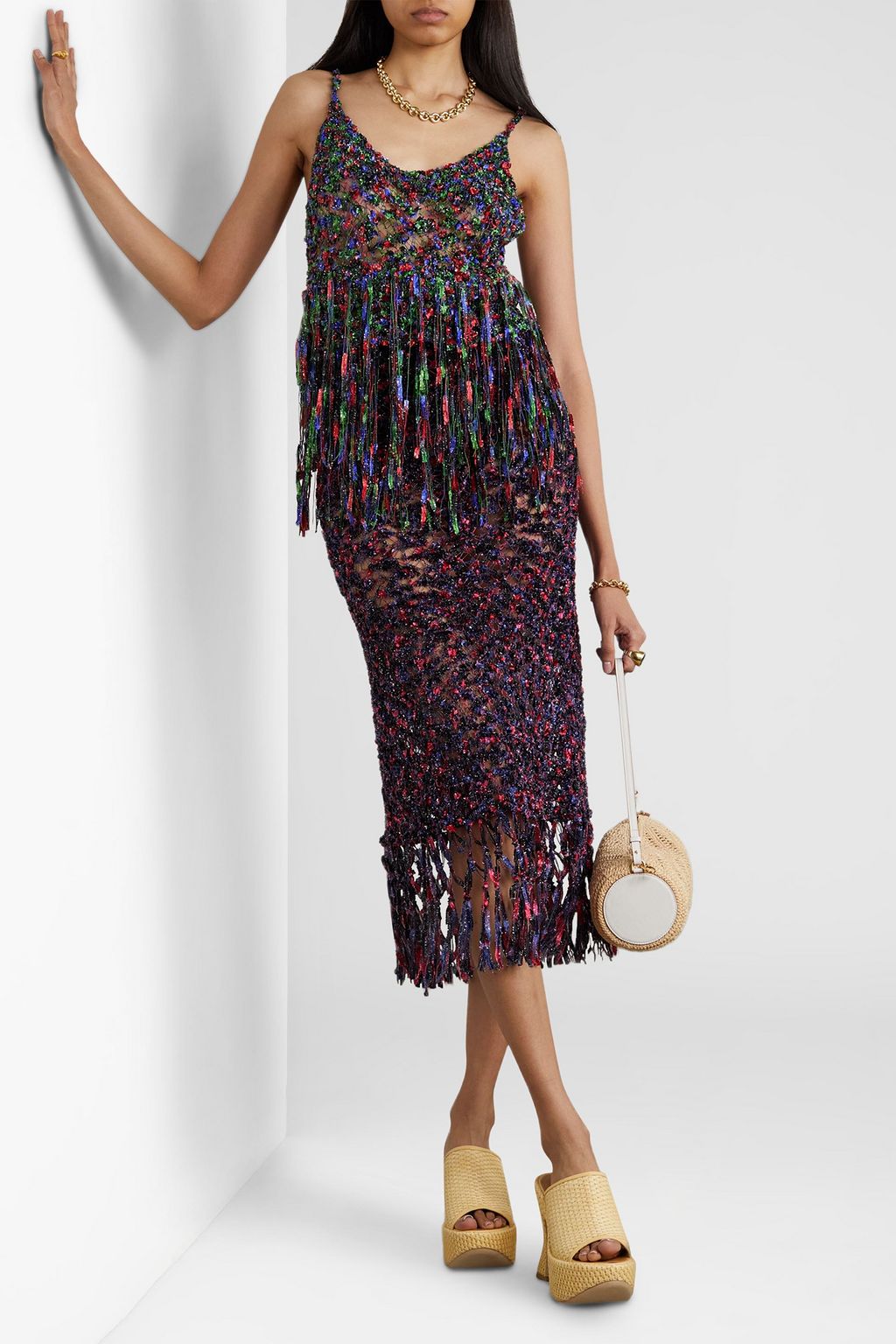 LOEWE PAULA'S IBIZA Fringed metallic open-knit midi skirt