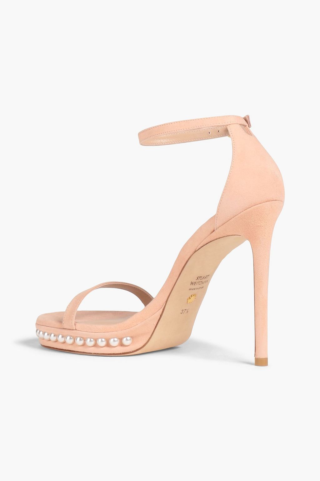 STUART WEITZMAN صندل مصنوع من جلد السويد ومزين باللؤلؤ الصناعي