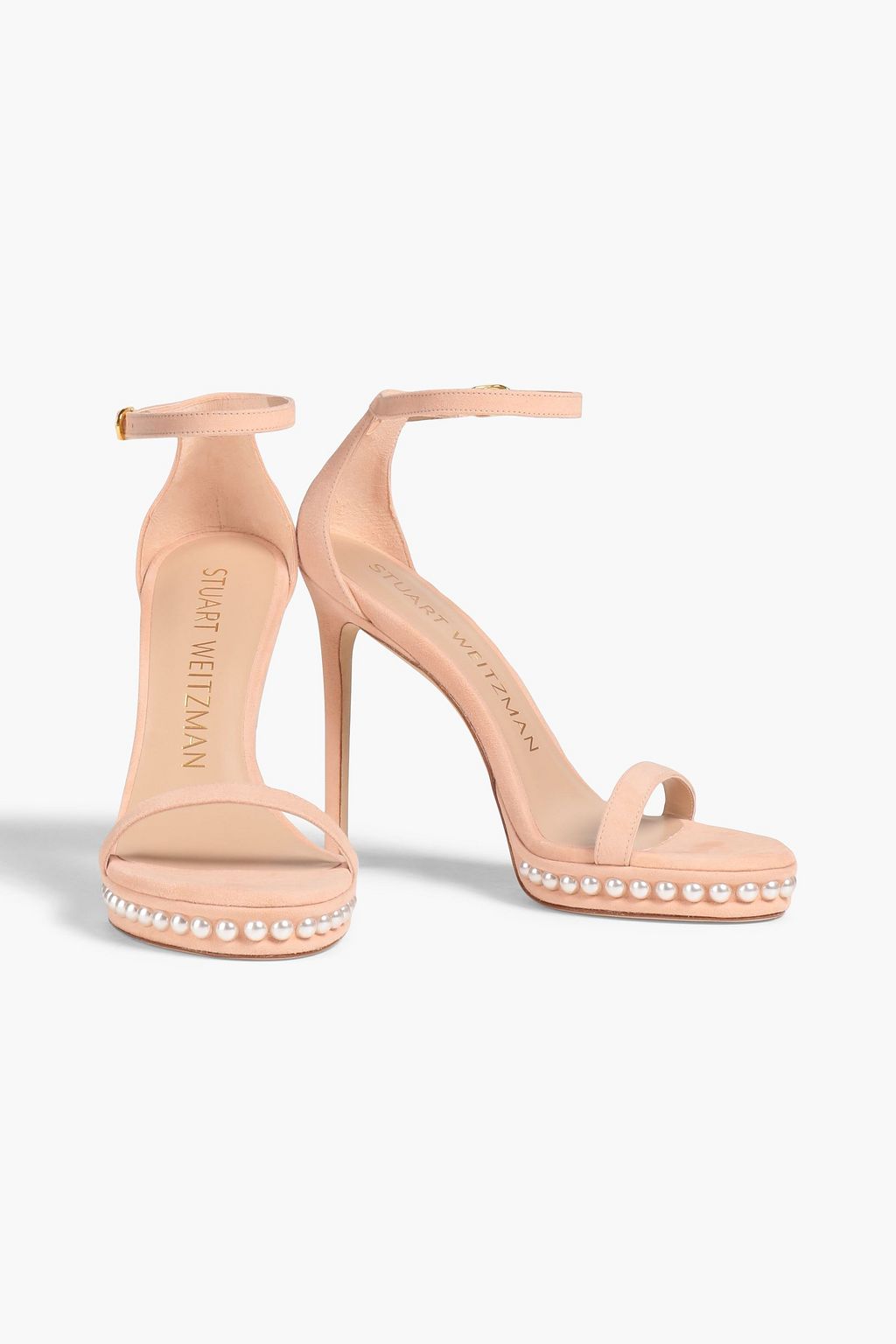 STUART WEITZMAN صندل مصنوع من جلد السويد ومزين باللؤلؤ الصناعي