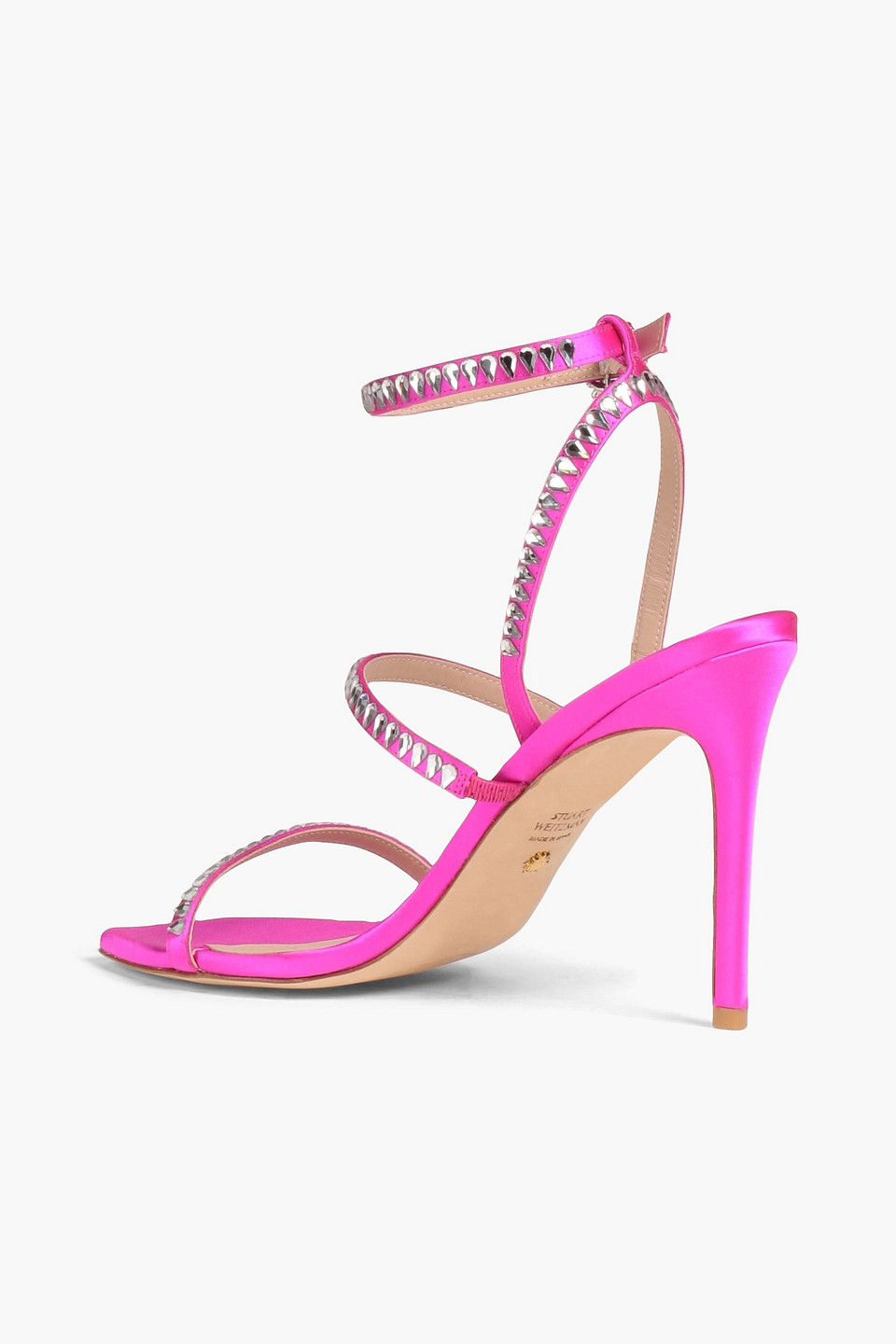 Stuart Weitzman Gemcut 100 Crystal-embellished Neon Satin Sandals In Bright Pink