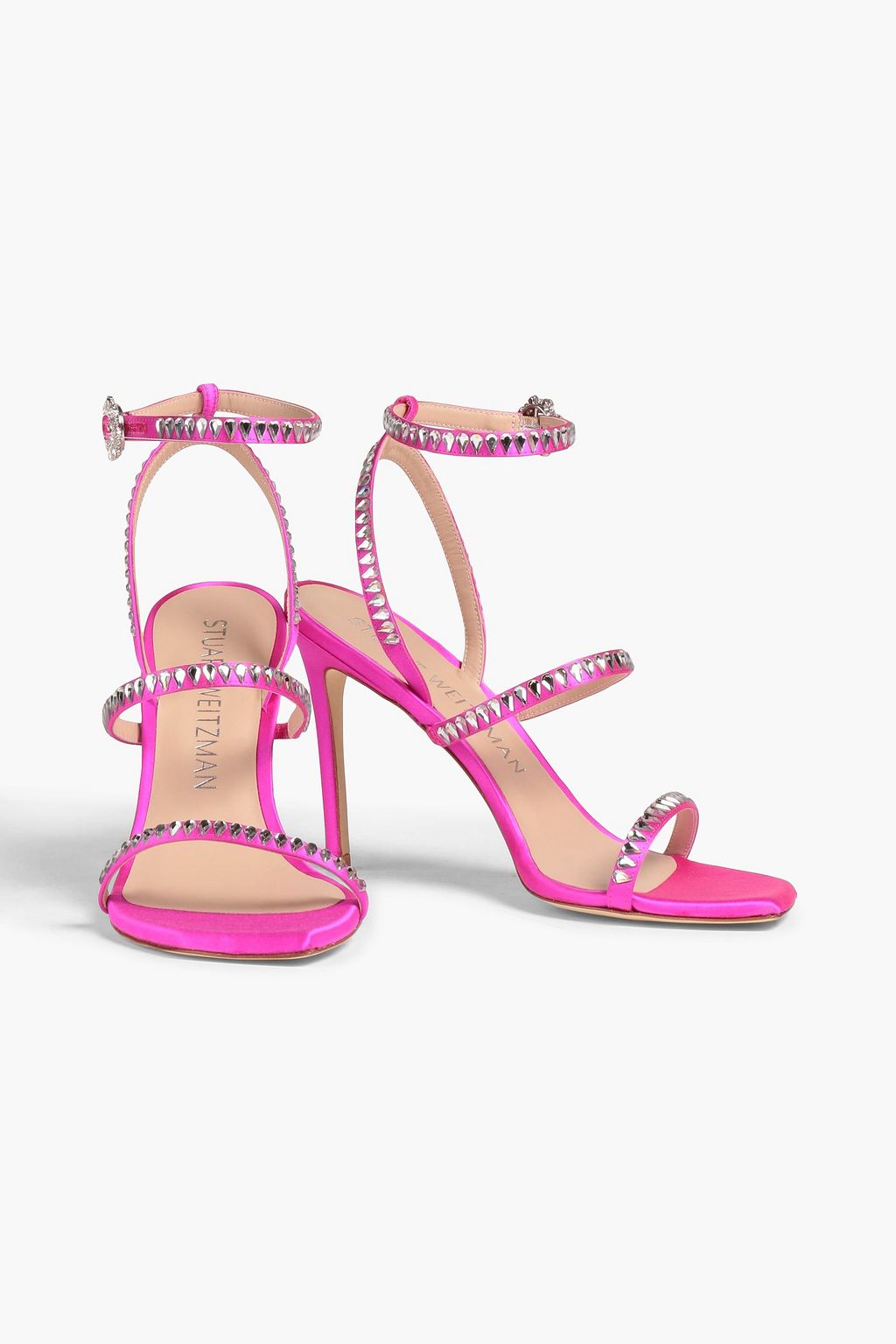 STUART WEITZMAN صندل من الساتان مزين بالكريستال بلون نيون
