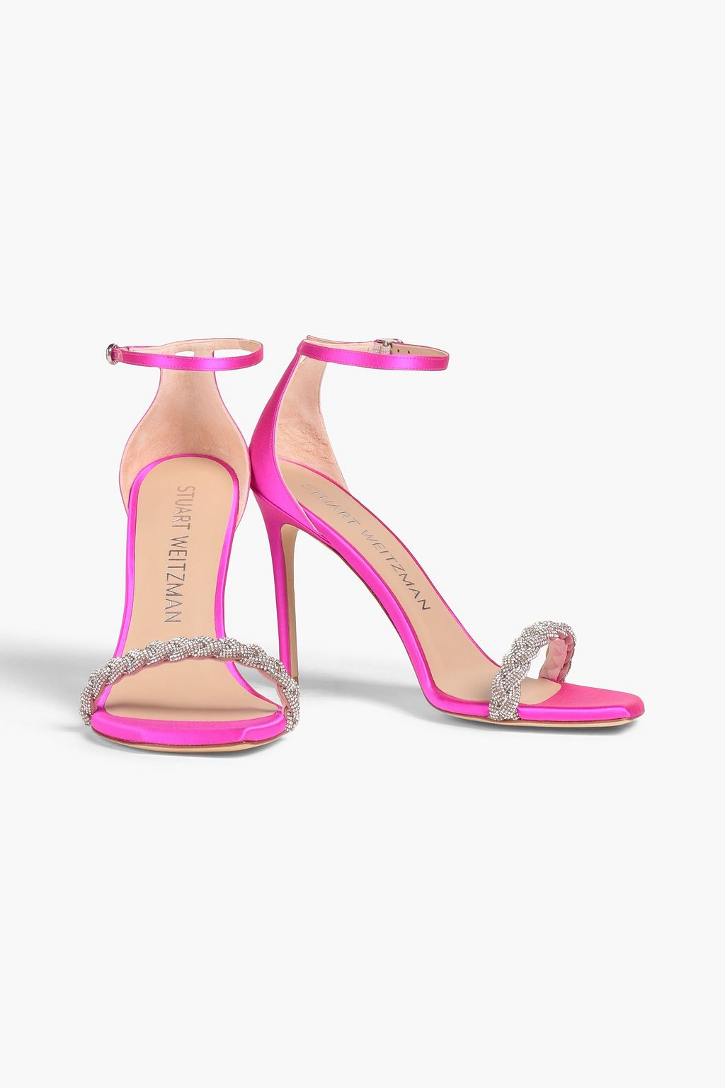 STUART WEITZMAN 크리스털 장식 네온 새틴 샌들