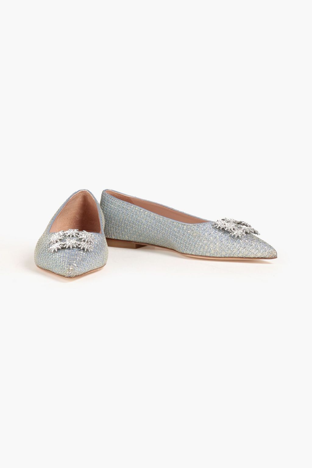STUART WEITZMAN Kelsey flache Schuhe mit spitzer Zehenpartie aus Lamé mit Kristallverzierung