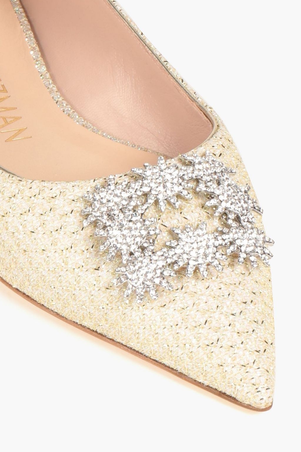 STUART WEITZMAN Kelsey crystal-embellished lamé point-toe flats