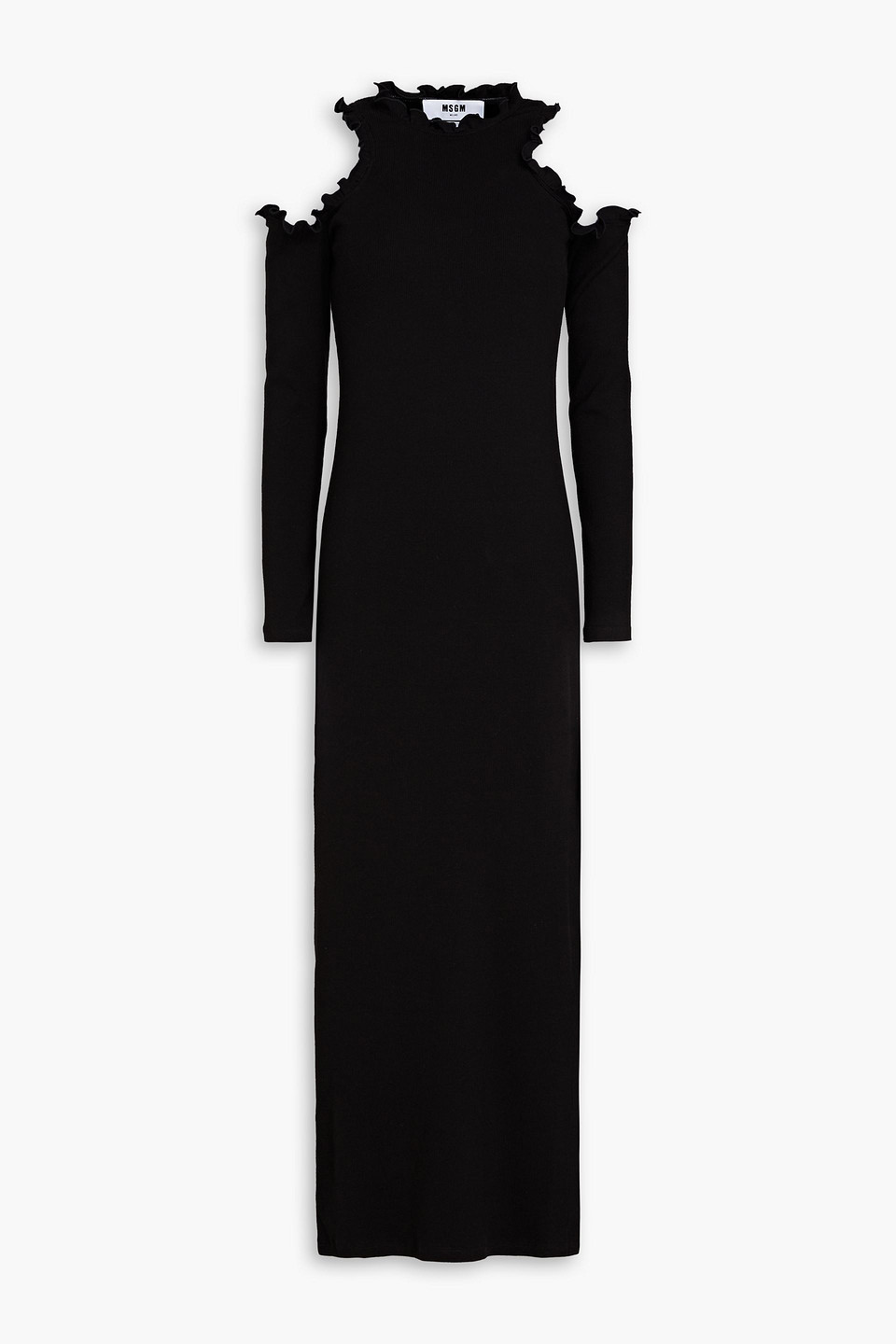 Msgm Cold-shoulder Ruffle-trimmed Stretch-cotton Jersey Midi Dress In Black