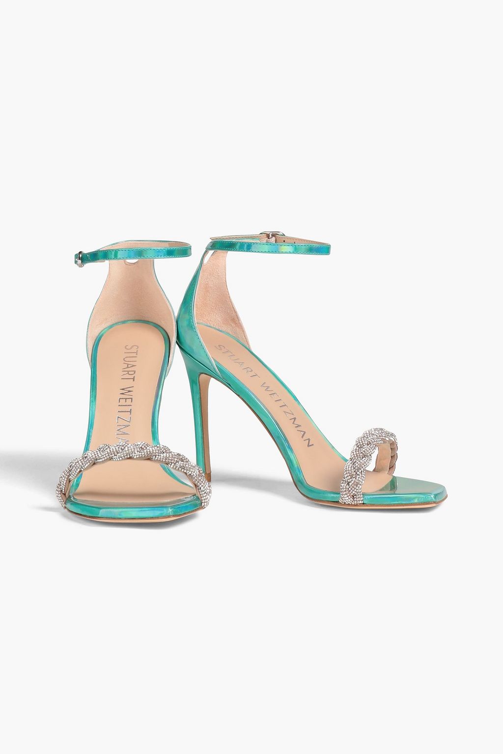 STUART WEITZMAN Embellished iridescent-effect patent-leather sandals
