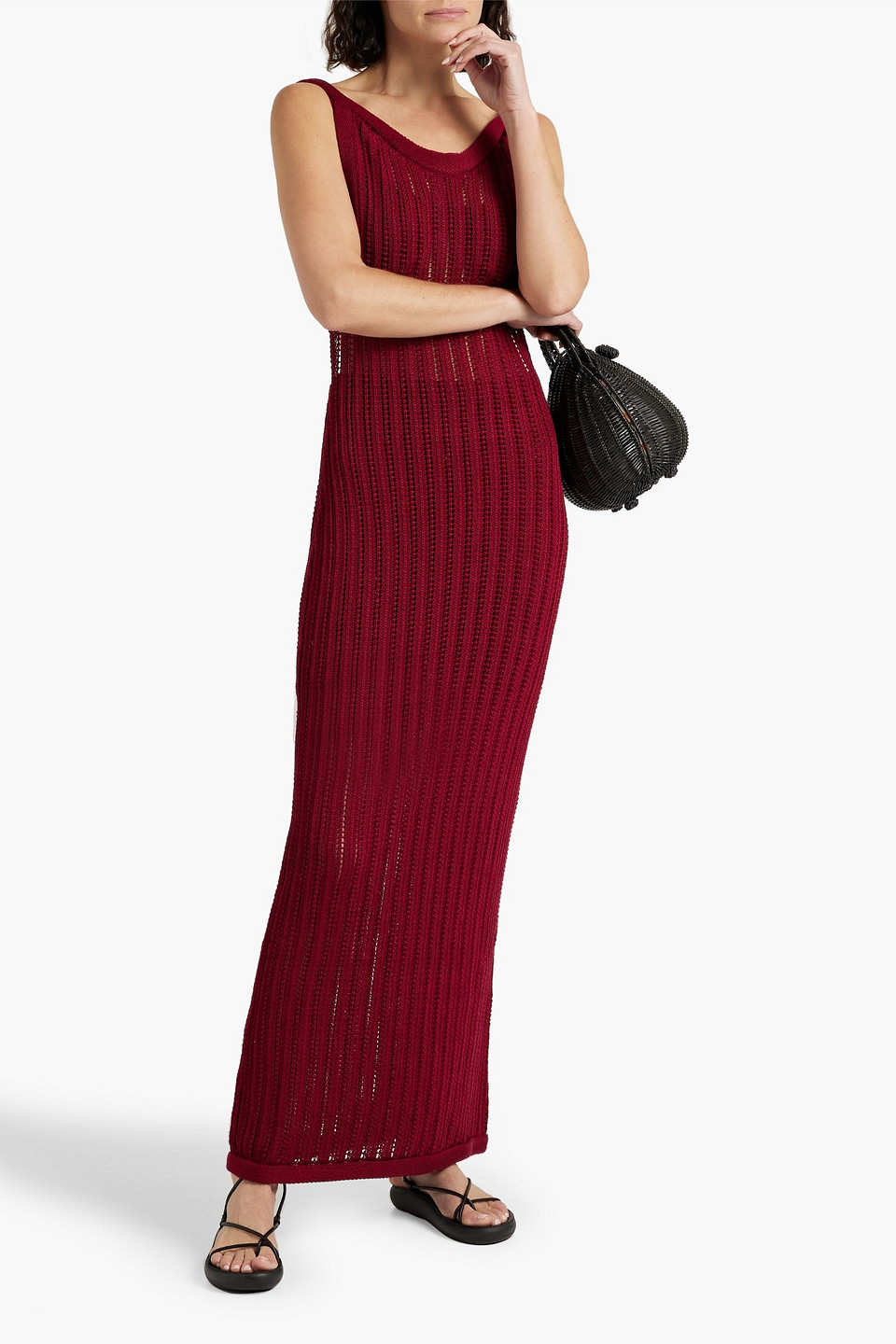 Shop Savannah Morrow North Open-knit Pima Cotton Maxi Dress In Claret