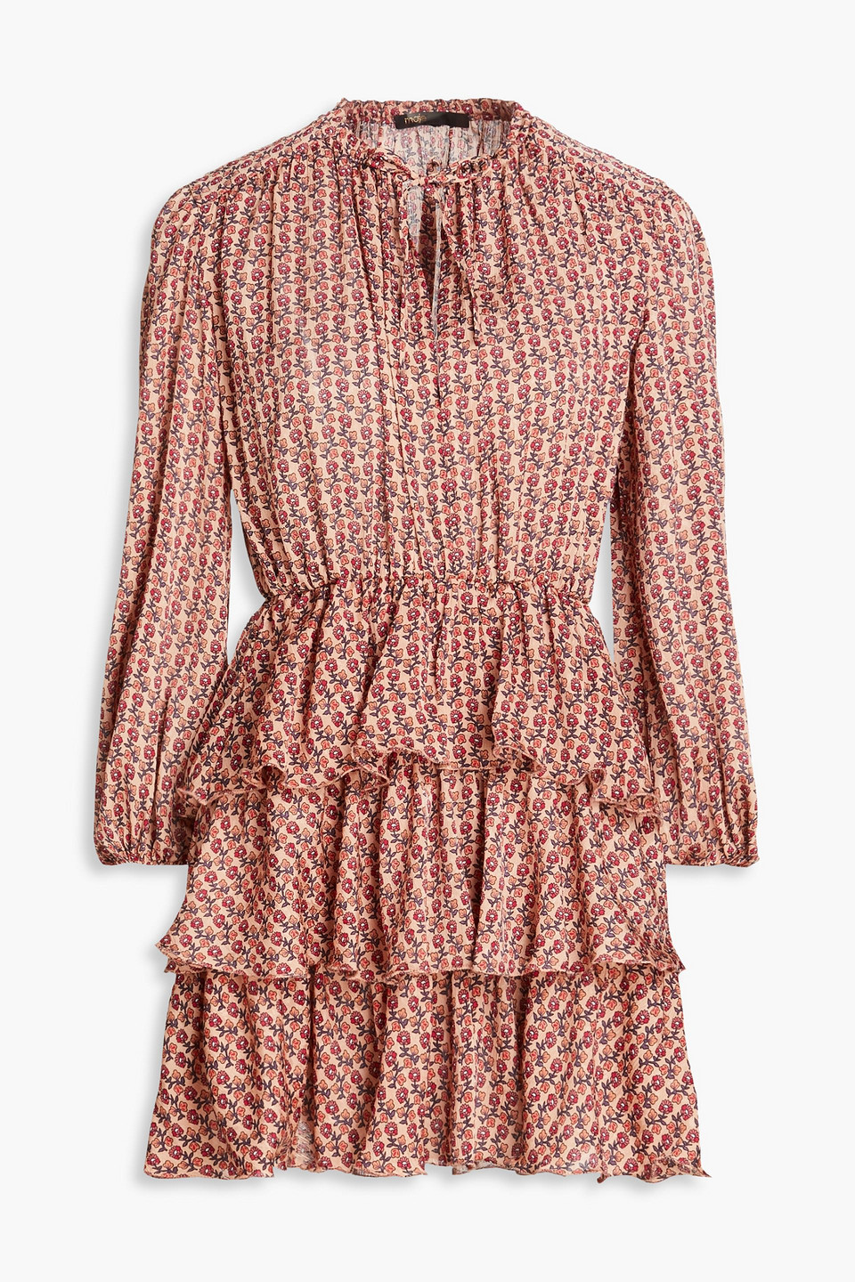Maje Tiered Ruffled Floral-print Crepon Mini Dress In Peach
