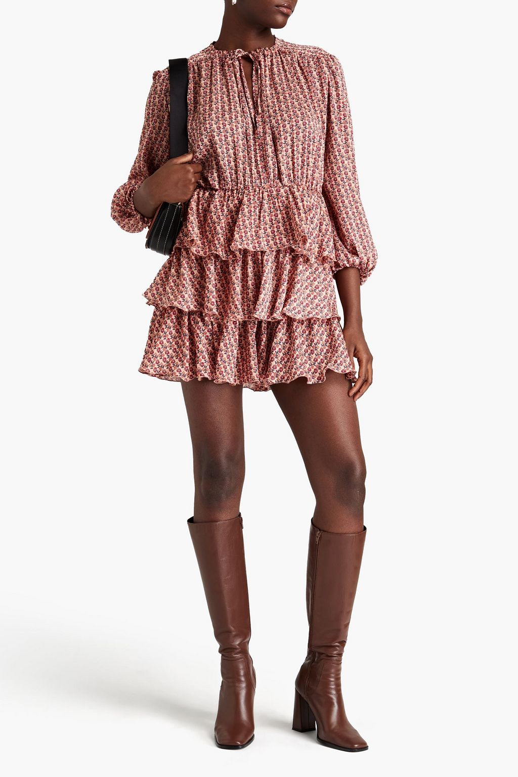 MAJE Tiered ruffled floral-print crepon mini dress