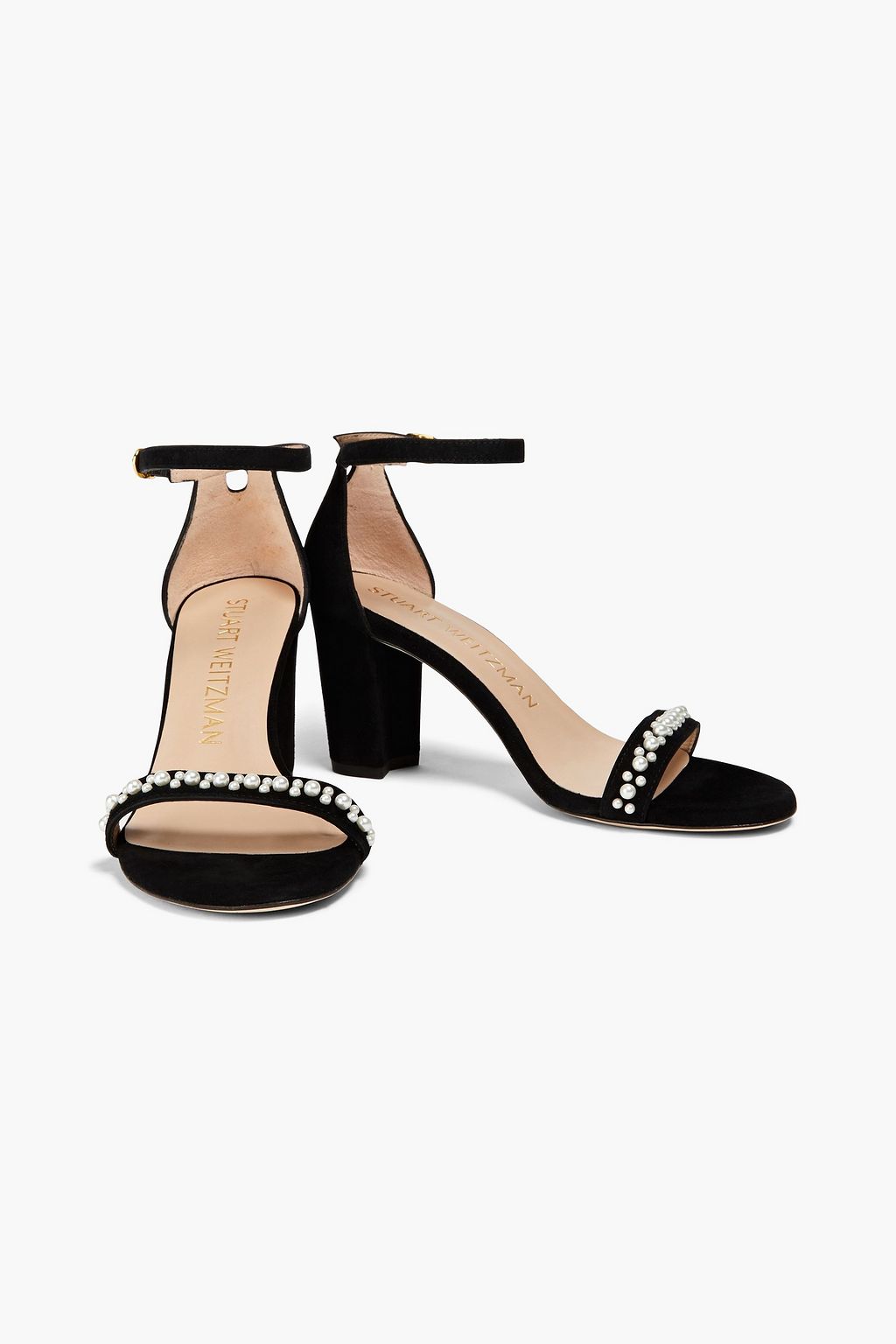 STUART WEITZMAN Faux pearl-embellished suede sandals