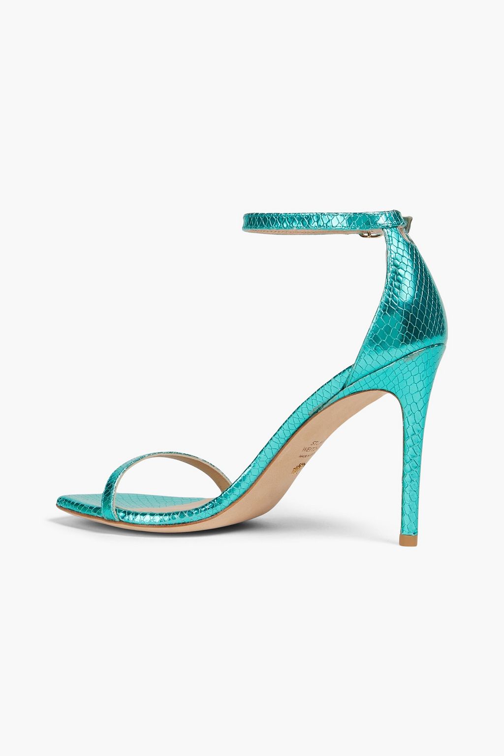 STUART WEITZMAN صندل من الجلد بنقشة جلد الثعبان بلون معدني
