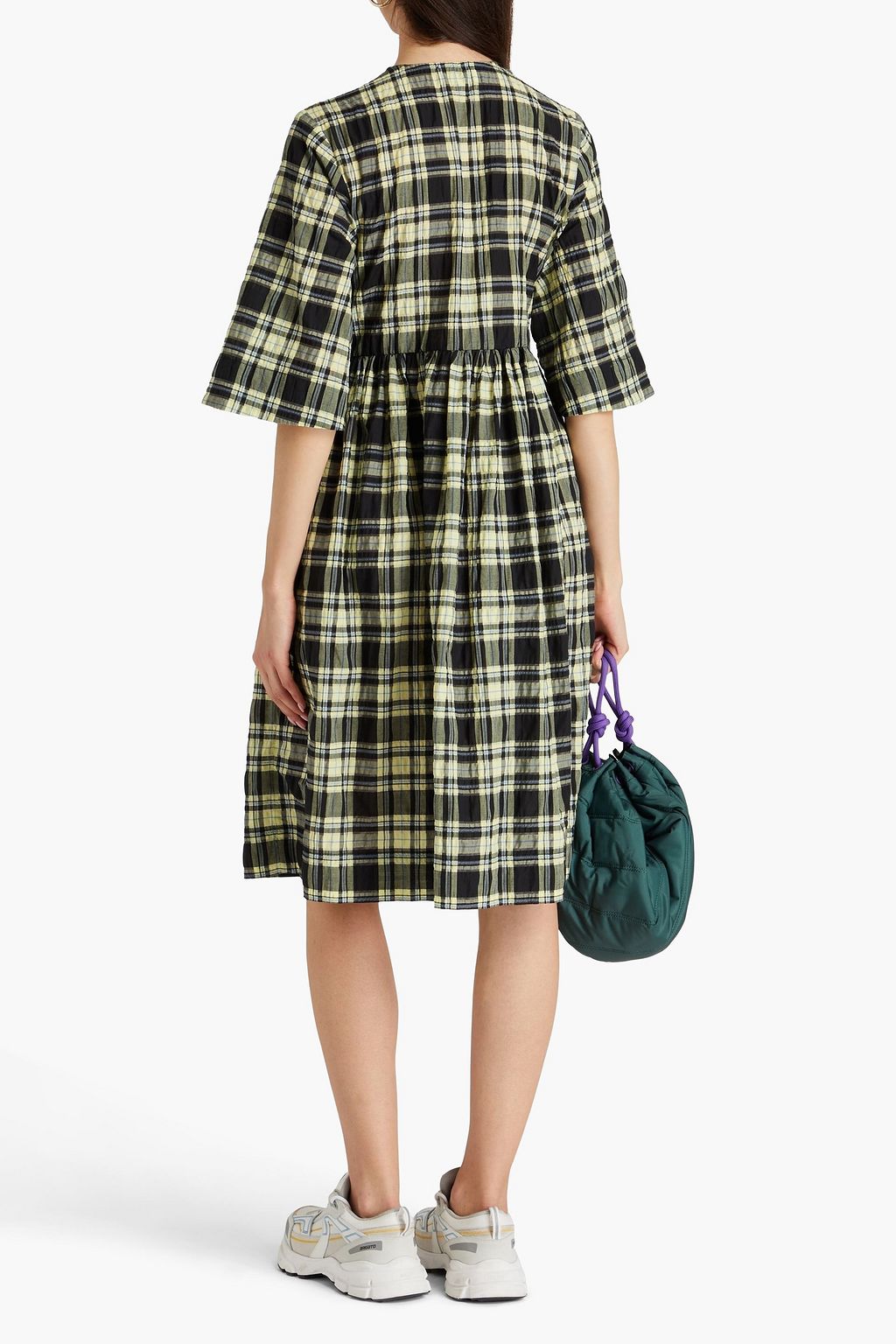 GANNI Kleid aus Seersucker aus einer Baumwollmischung mit Karomuster und Wickeleffekt