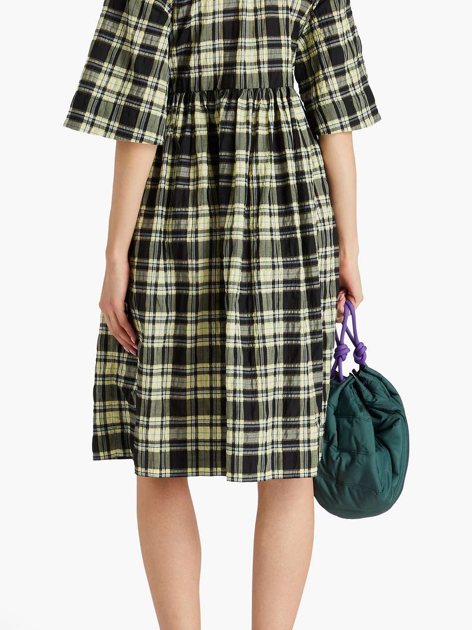 wrap-effect checked cotton-blend seersucker dress
