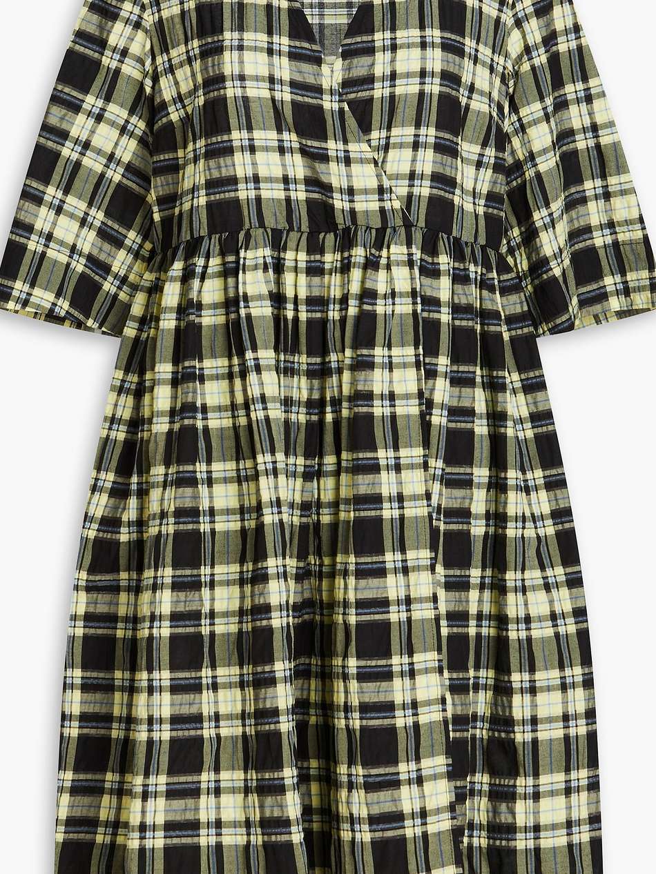 wrap-effect checked cotton-blend seersucker dress