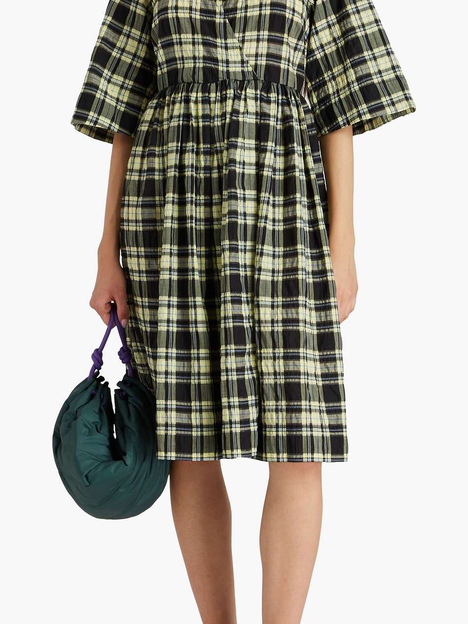 wrap-effect checked cotton-blend seersucker dress