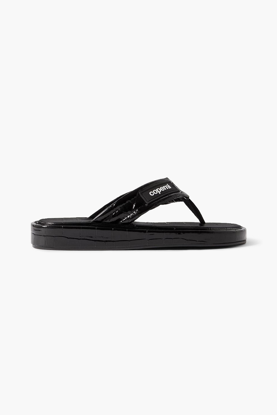 Coperni Logo-appliquéd Rubber-trimmed Croc-effect Patent Leather Flip Flops In Black