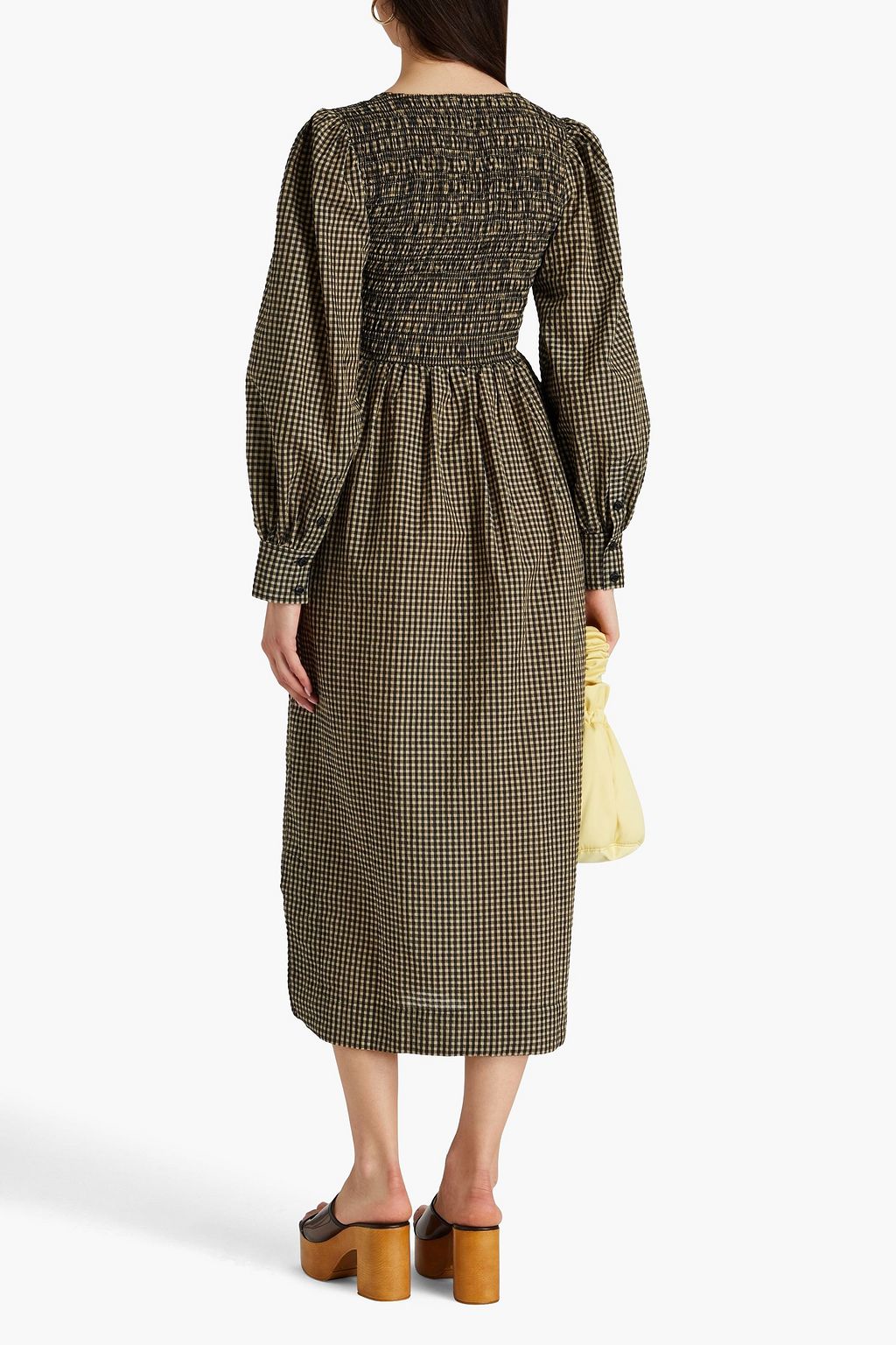 GANNI Shirred checked seersucker midi dress