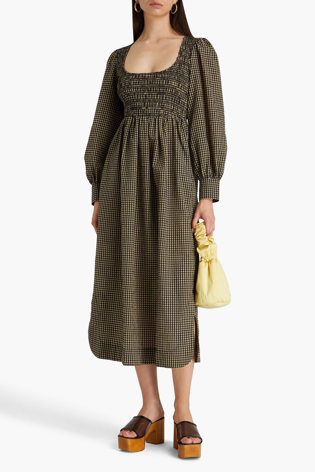 GANNI Shirred checked seersucker midi dress