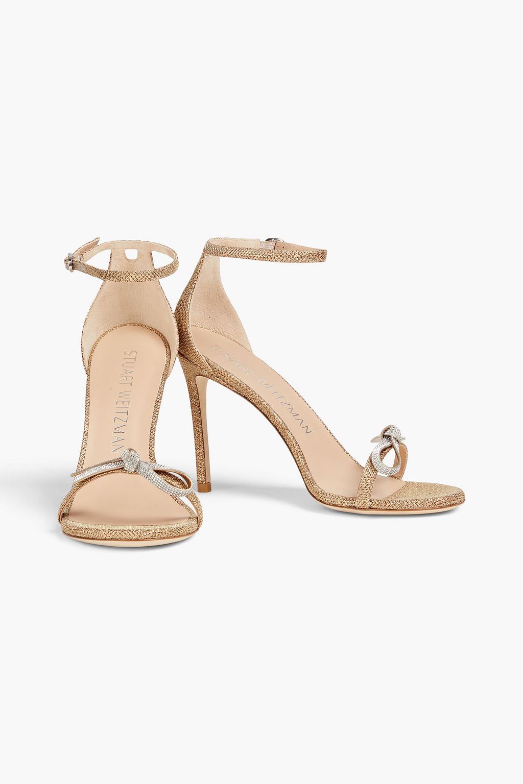 STUART WEITZMAN 장식 디테일 메탈릭 라메 샌들