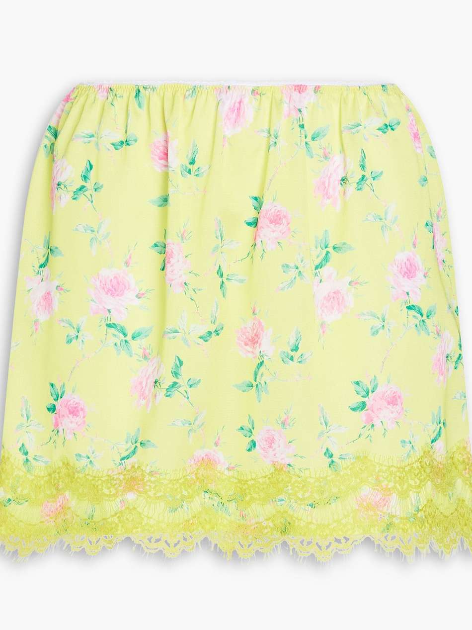 lace-trimmed floral-print crepe de chine mini skirt