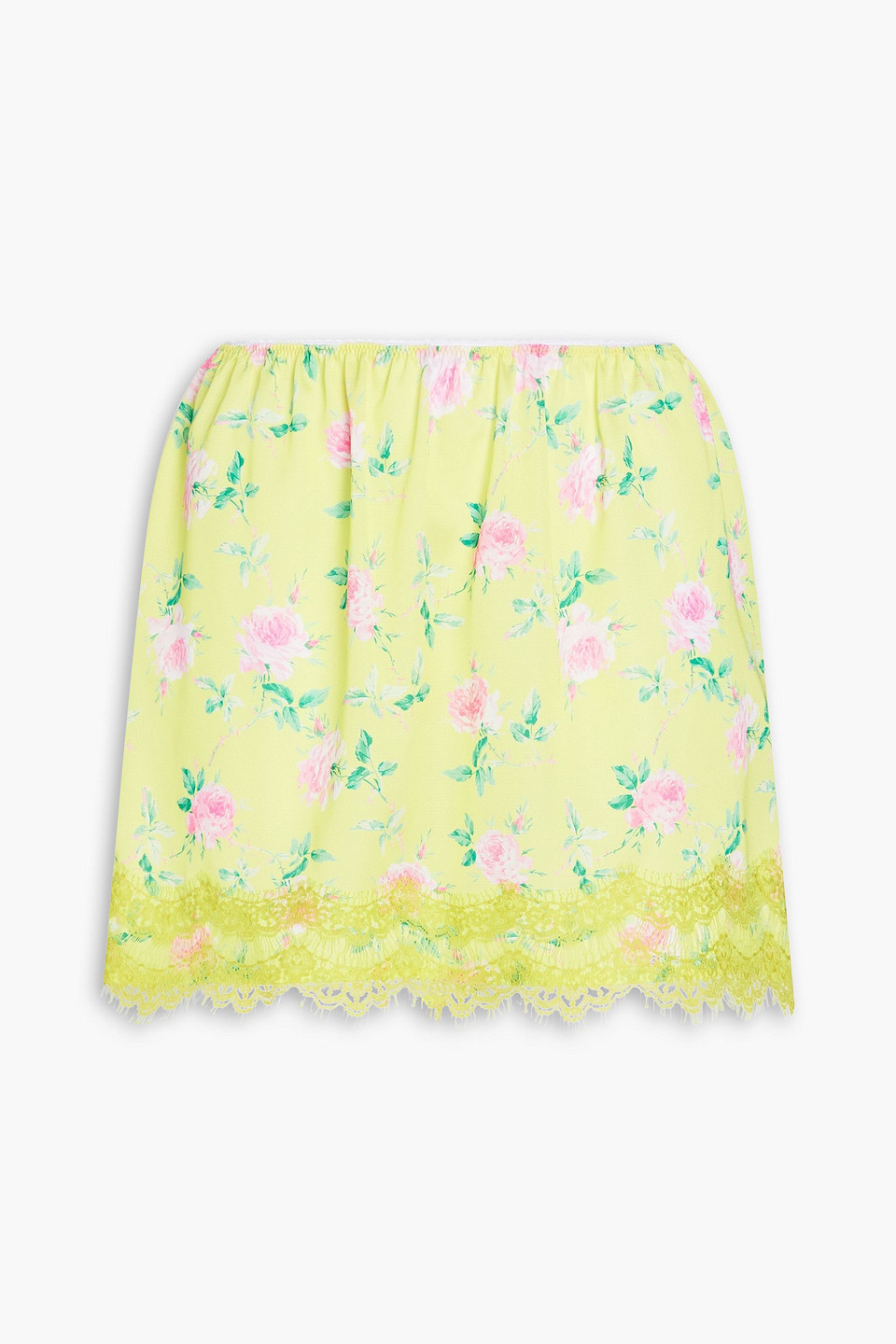 Msgm Lace-trimmed Floral-print Crepe De Chine Mini Skirt In Yellow