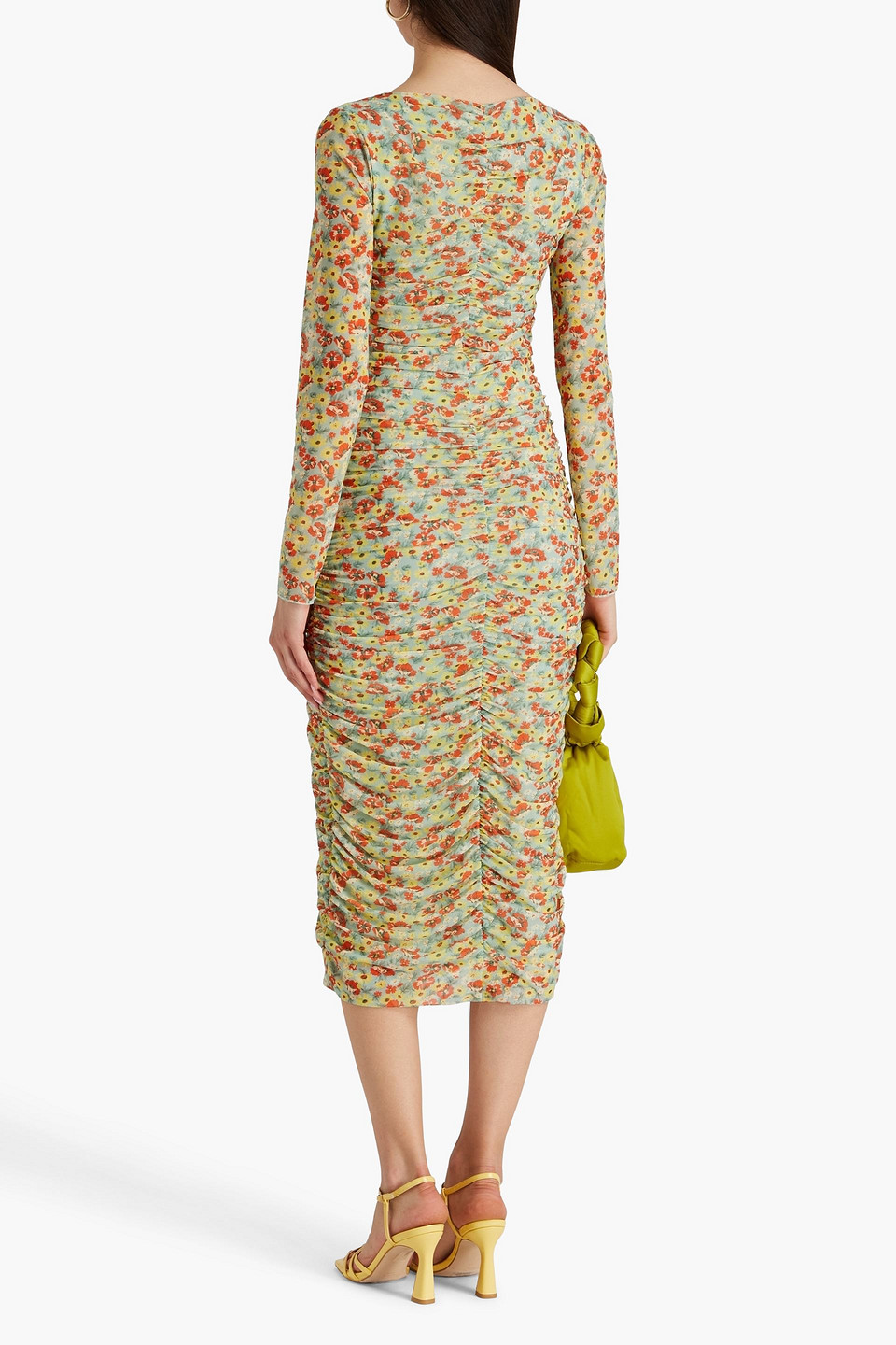 Ganni Printed Mesh Midi Dress In Leaf Green