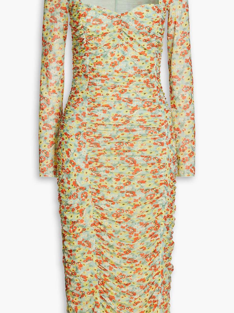 ruched floral-print stretch-mesh midi dress